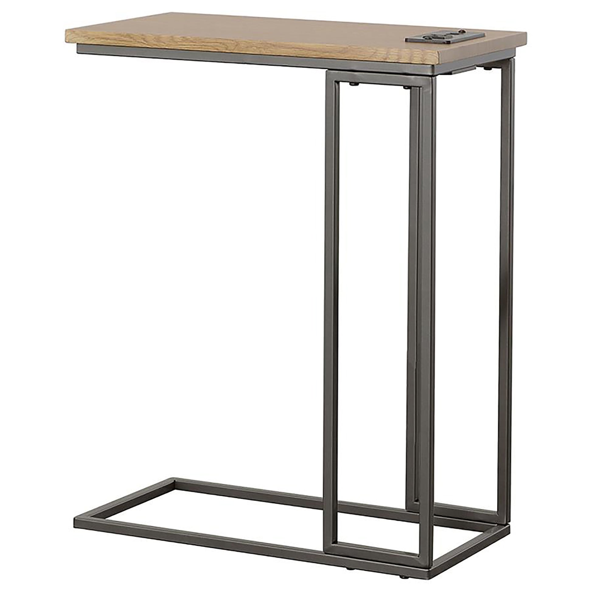 Gunmetal and Natural C Shape Snack Table with Power brown-light brown-built-in outlets or usb-primary