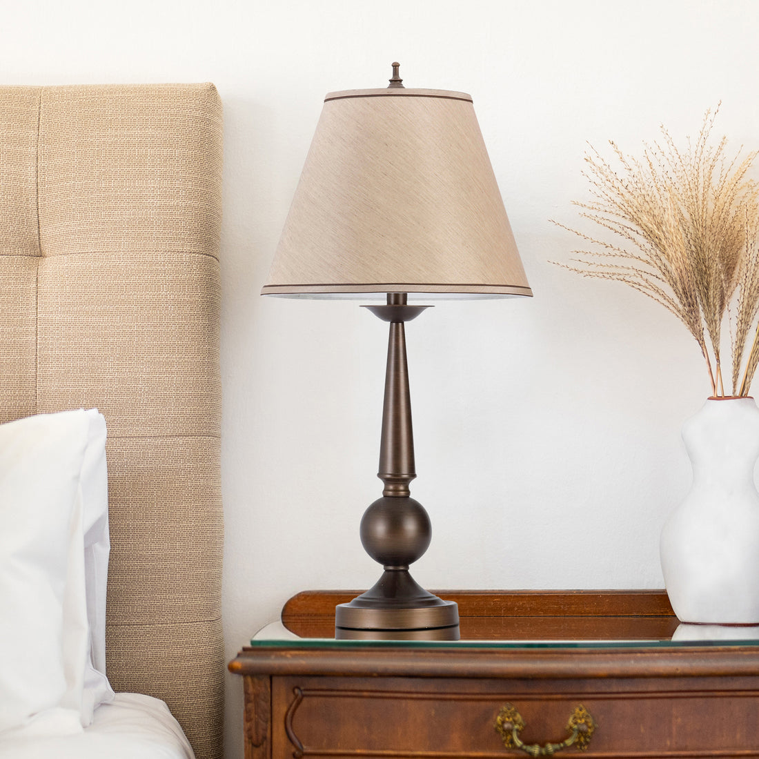 Bronze and Beige Table Lamps with Cone Shade Set