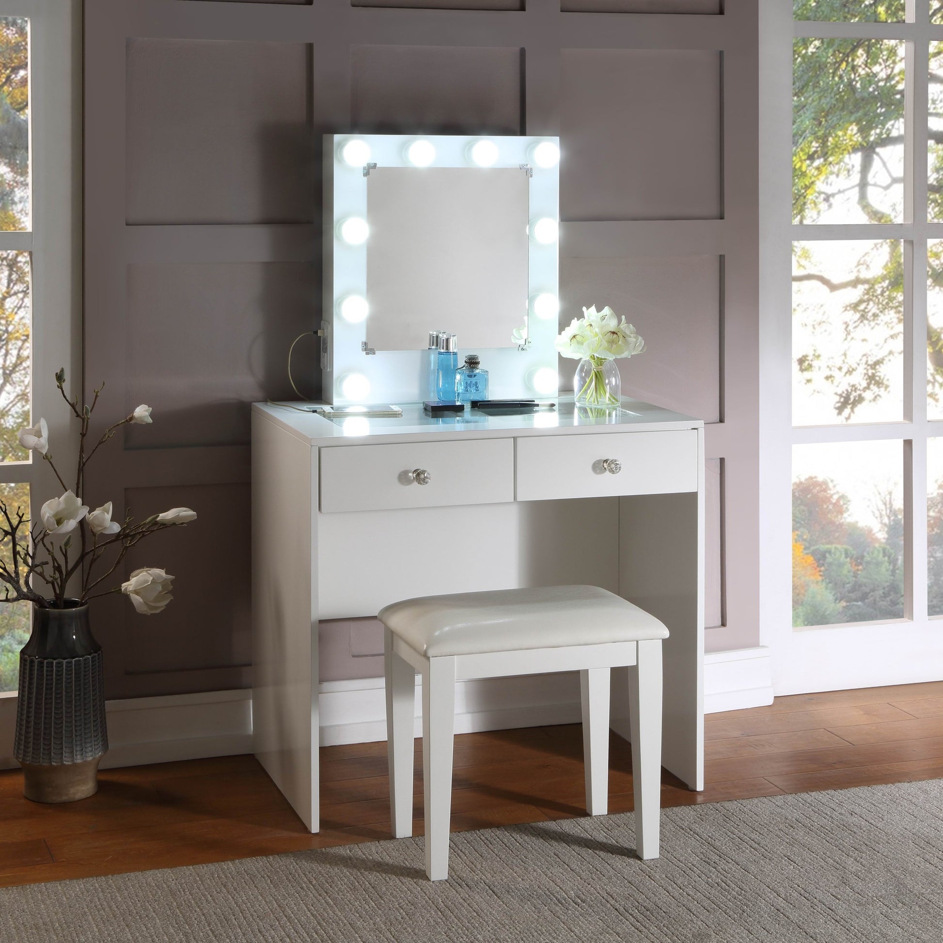 White Makeup Vanity and Stool Set with 10 Lights and white-drawer-2 drawers-bedroom-modern-wood