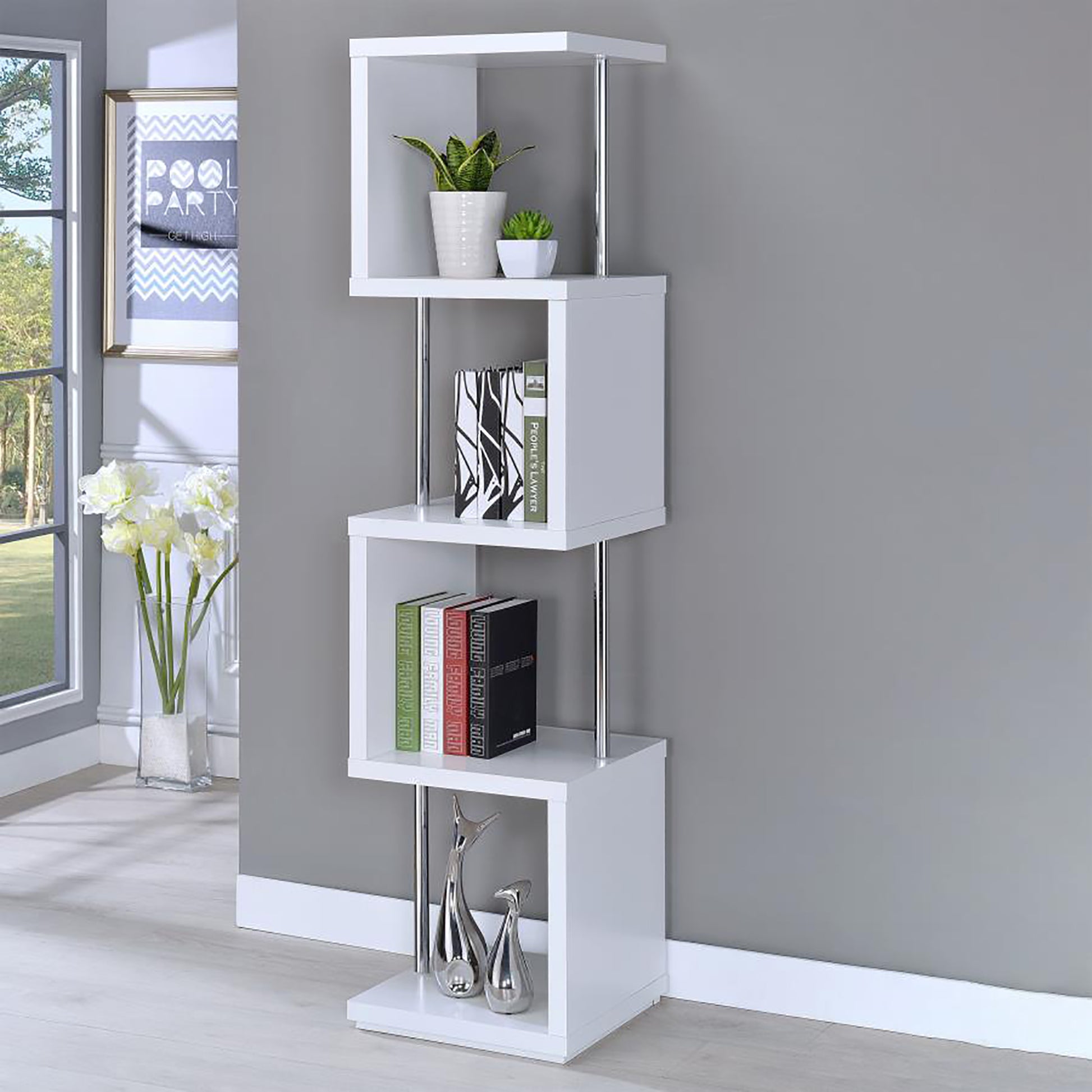 White and Chrome 4 tier Bookcase 4-white-white-geometric-vertical-office-open