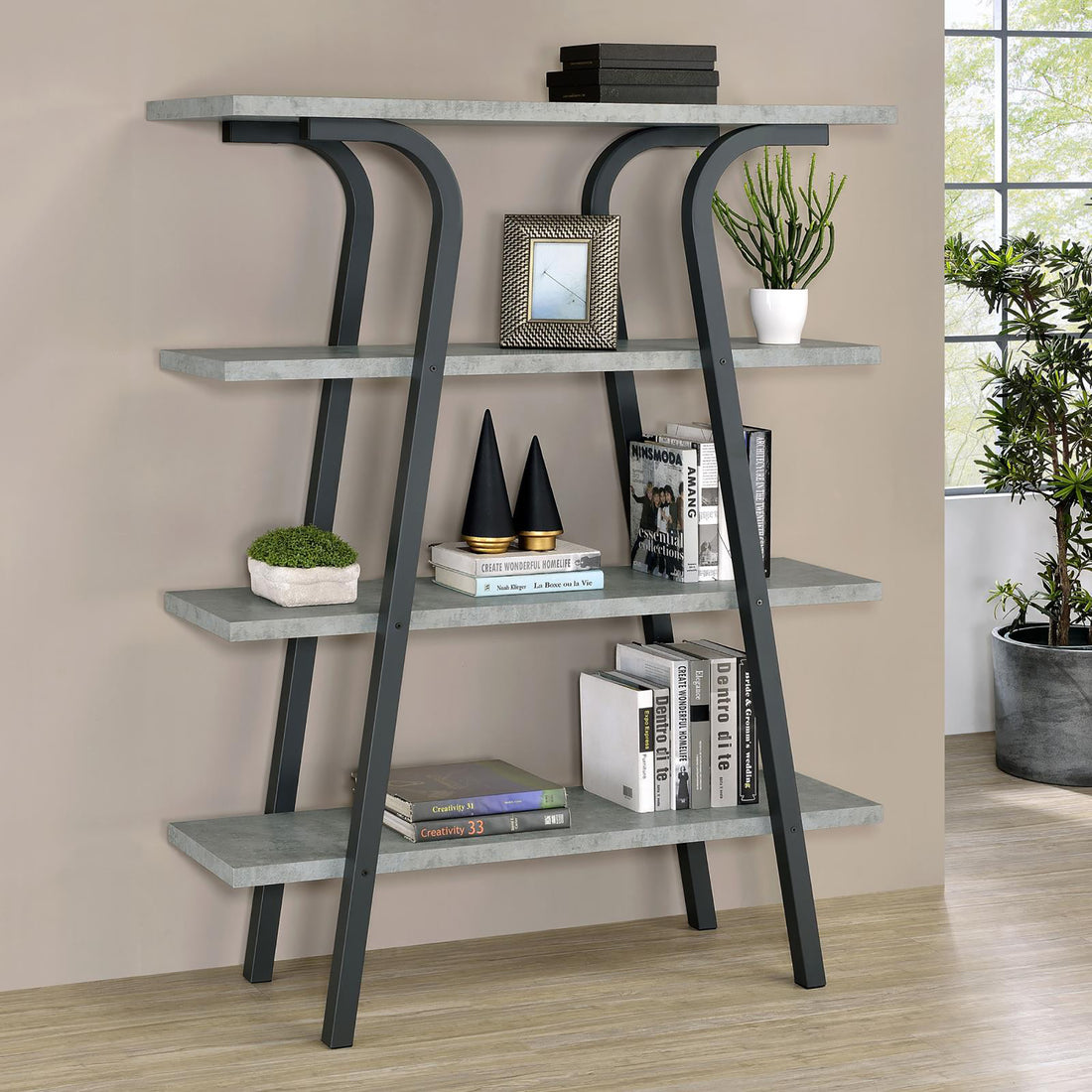 Cement and Gunmetal 3 Shelf Rectangular Bookcase