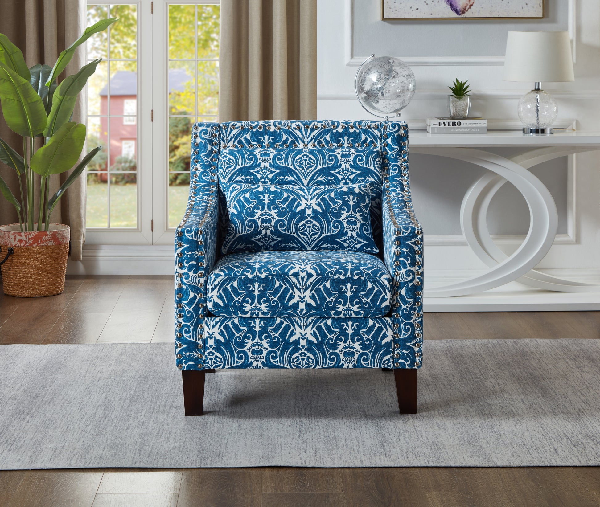 Mid Century Printing Accent Chair, Polyester Fabric blue-linen