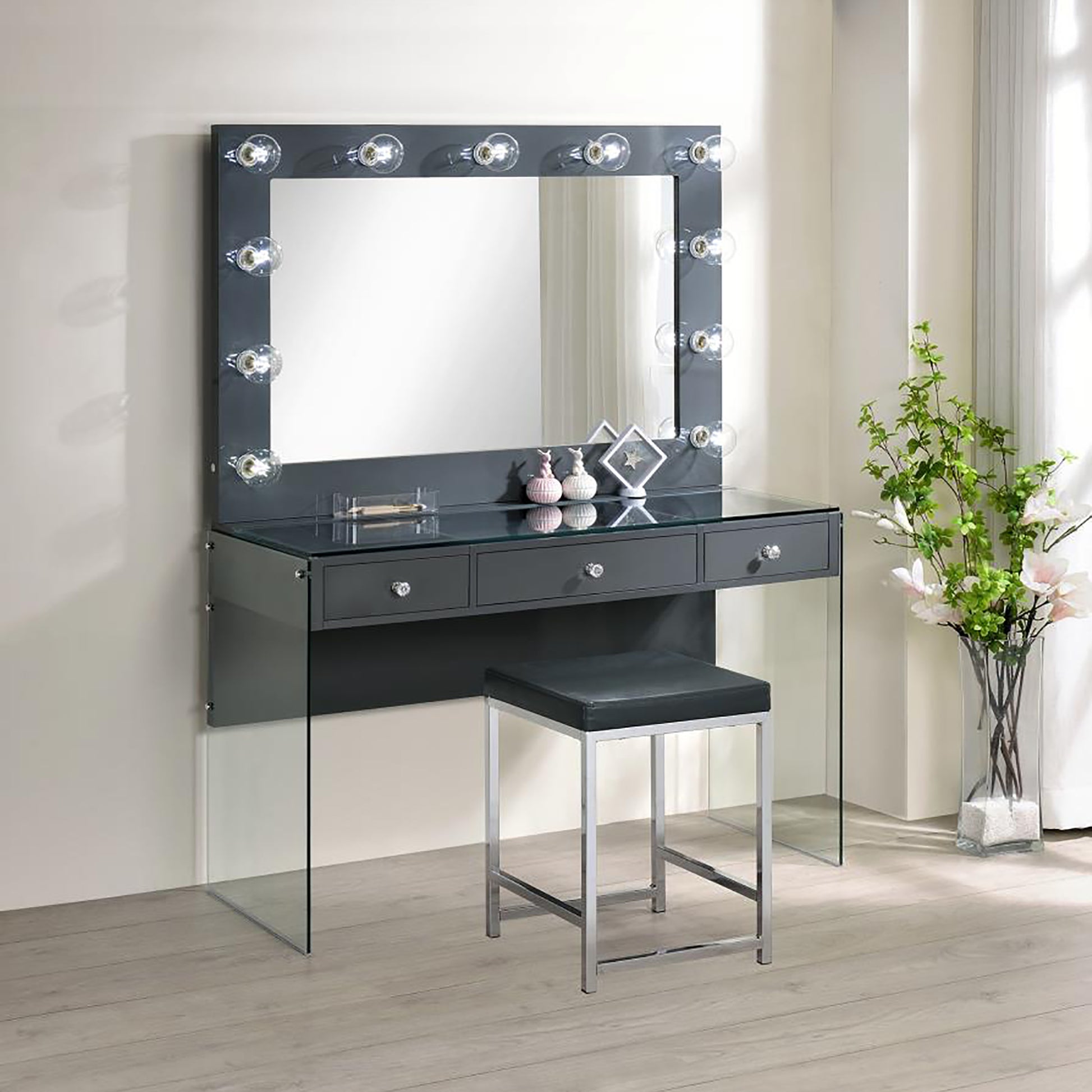 Dark Grey Upholstered Square Vanity Stool dark gray-vanity stools-faux