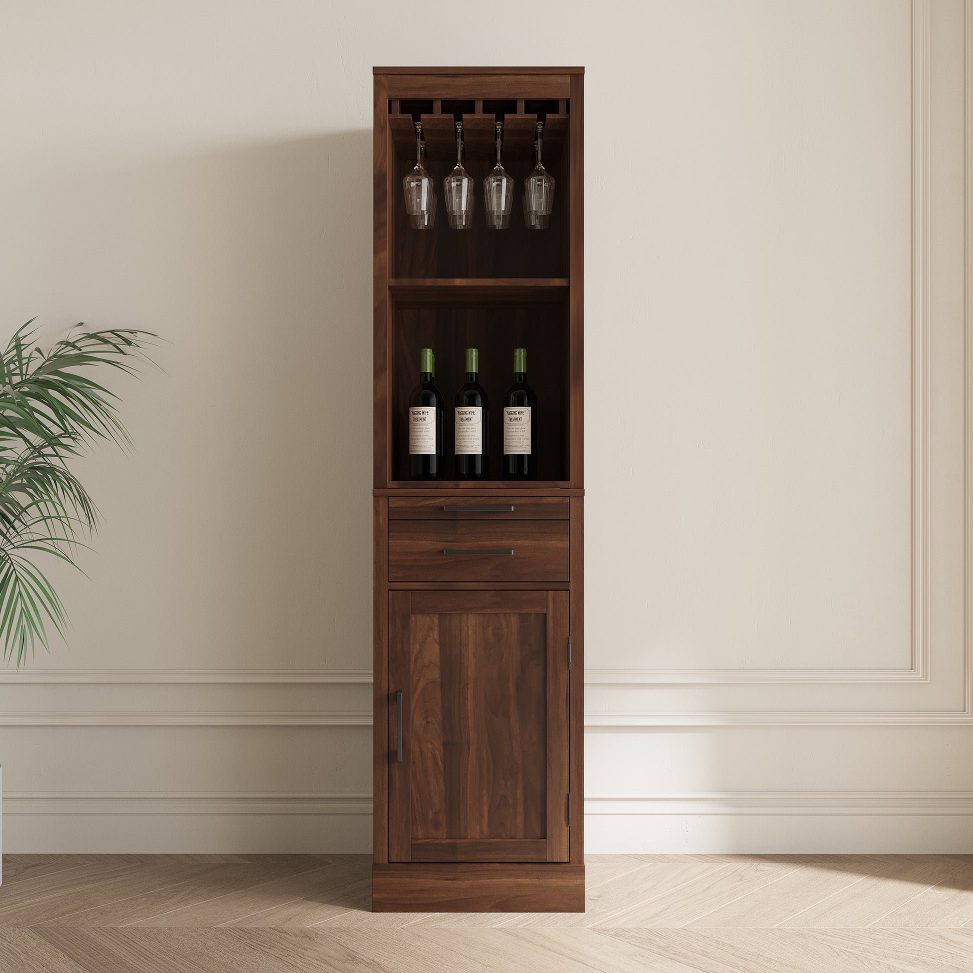 Brown walnut color modular wine bar Cabinet with walnut brown-mdf