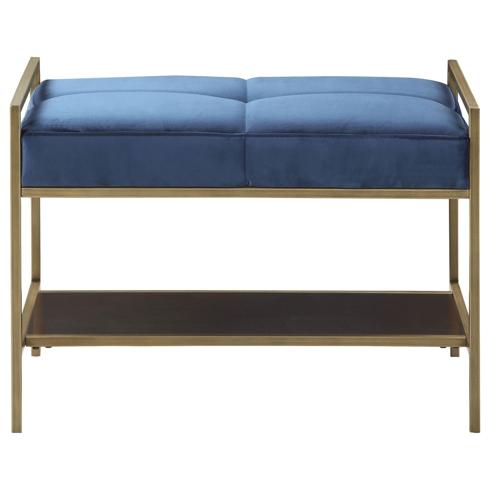 Navy Blue and Gold Upholstered Bench with Bottom Shelf blue-primary living