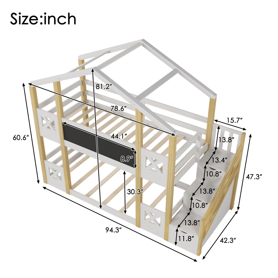 Twin over Twin House Bunk Bed with White Storage