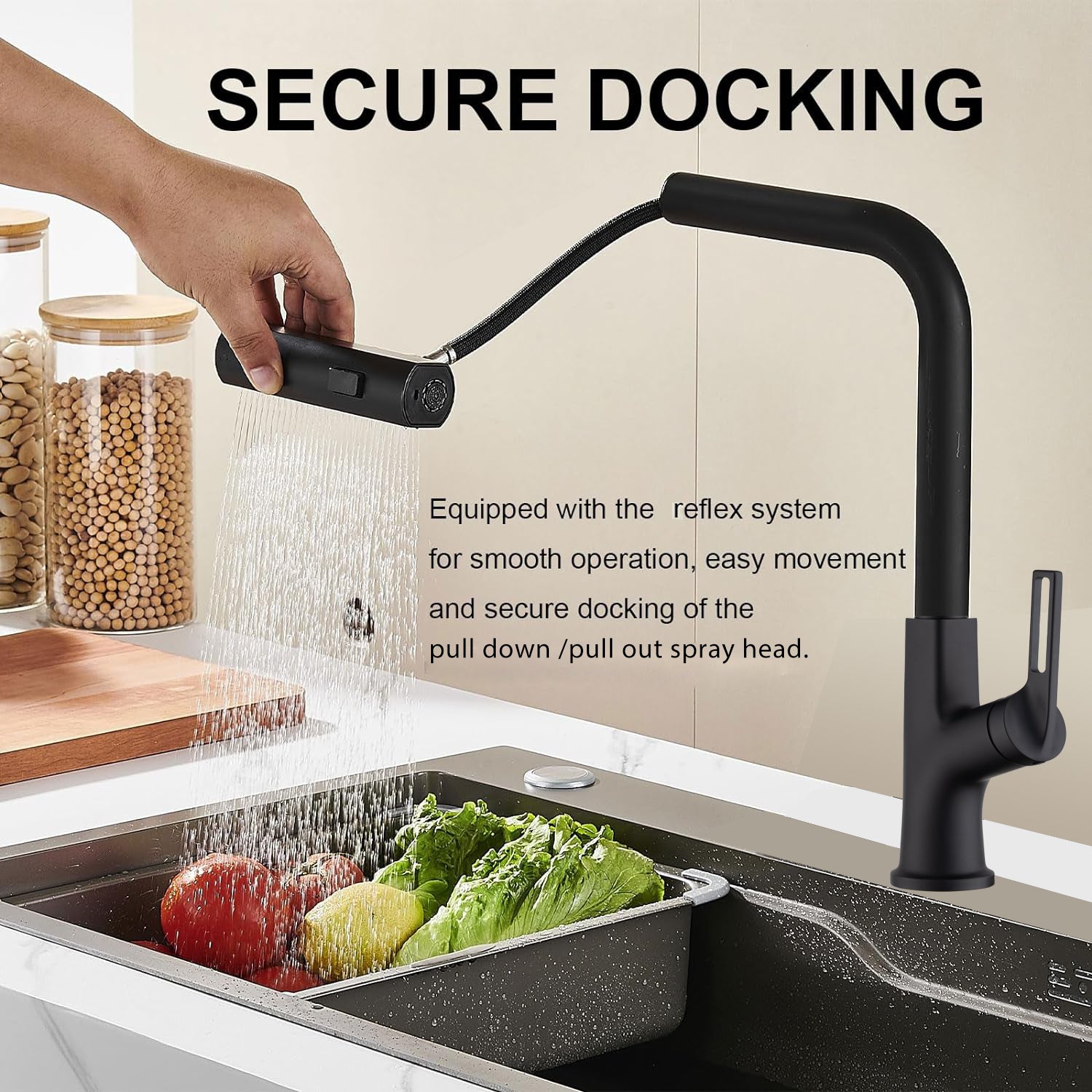 Kitchen waterfall faucet with pull down sprayer matte black-zinc