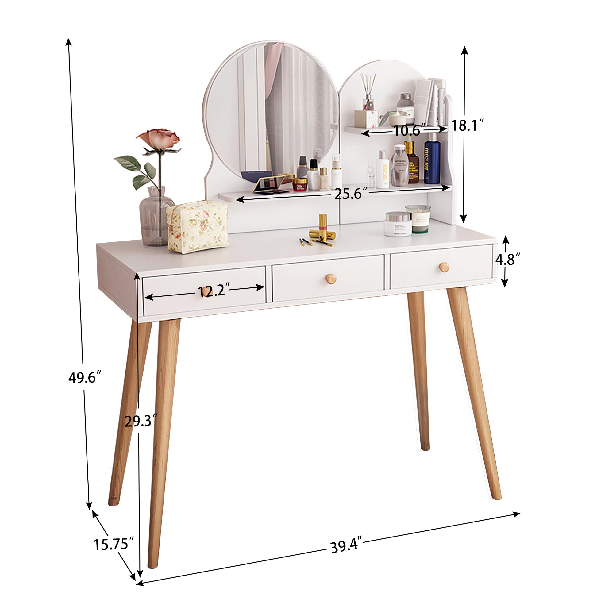 Fashion Vanity Desk with Mirror and Lights for Makeup white-mdf+glass