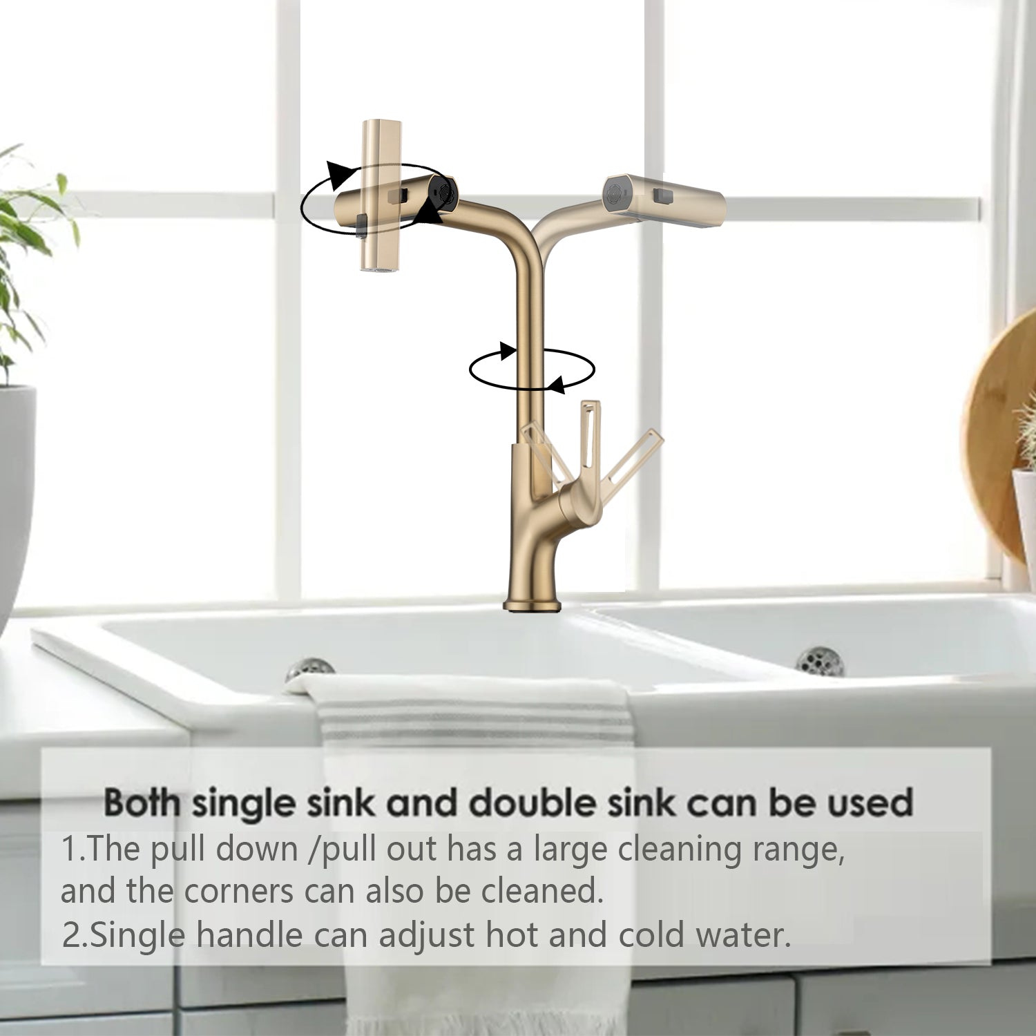 Brushed Gold Kitchen waterfall faucet with pull down brushed gold-zinc