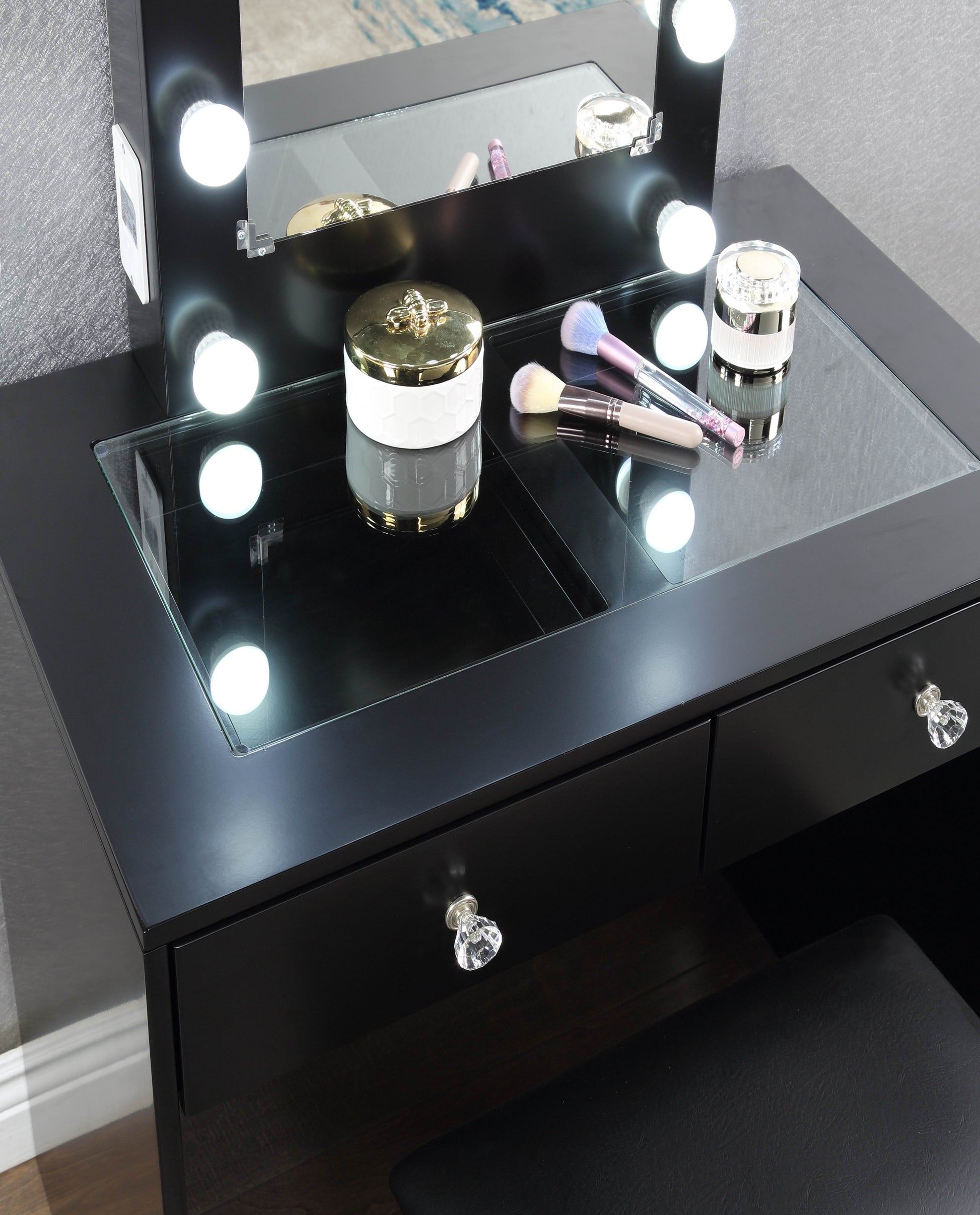 Black Makeup Vanity and Stool Set with 10 Lights and black-drawer-2 drawers-bedroom-luxury-modern-wood