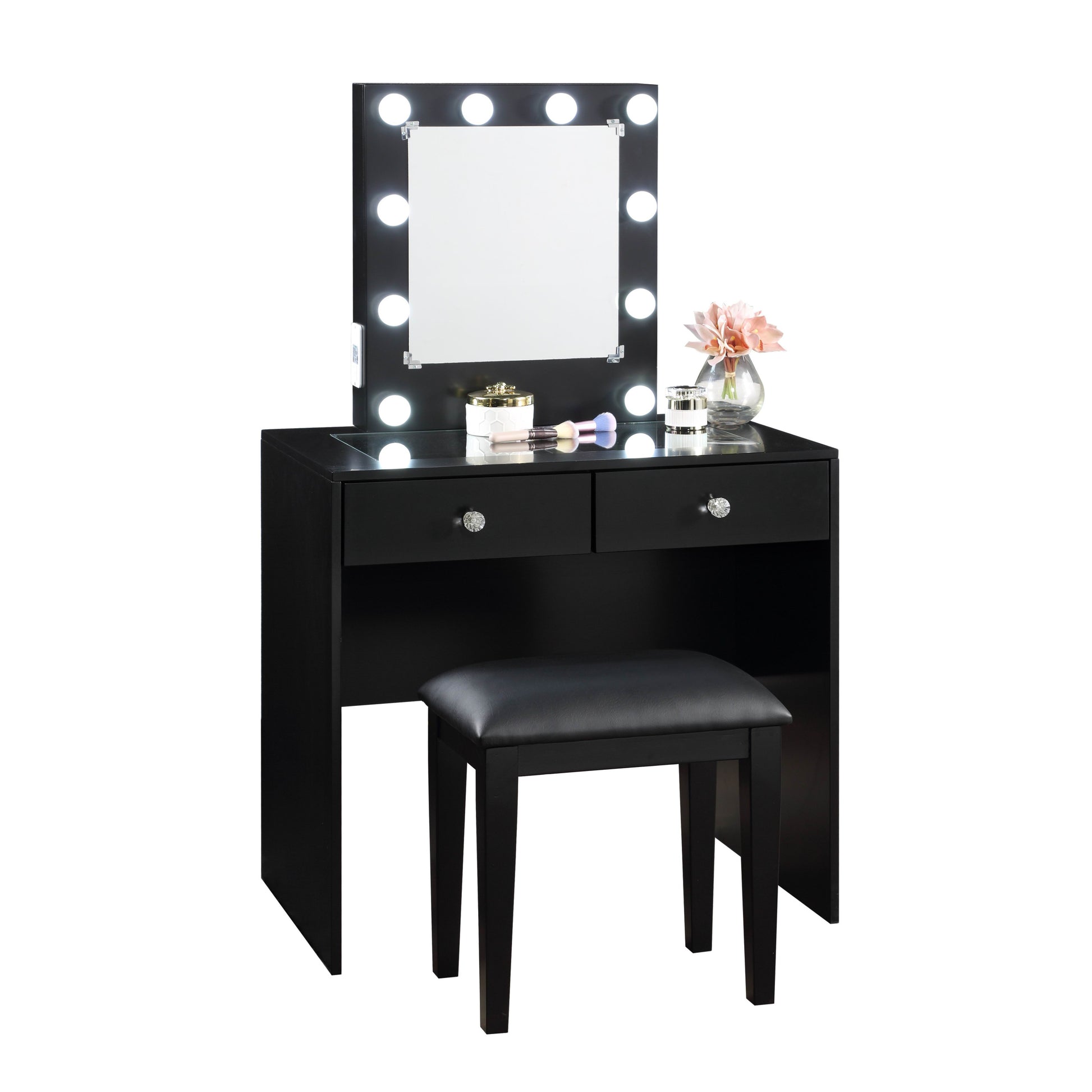 Black Makeup Vanity and Stool Set with 10 Lights and black-drawer-2 drawers-bedroom-luxury-modern-wood