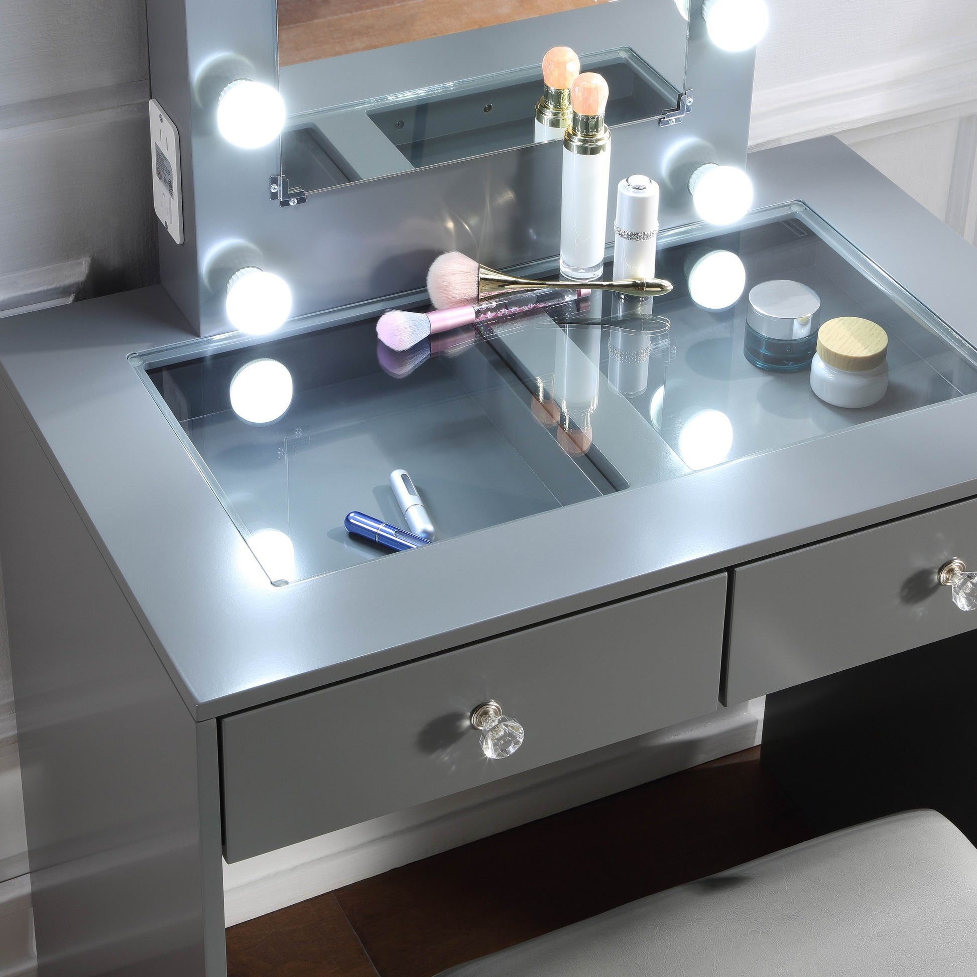 Gray Makeup Vanity and Stool Set with 10 Lights and gray-drawer-2 drawers-bedroom-luxury-modern-wood