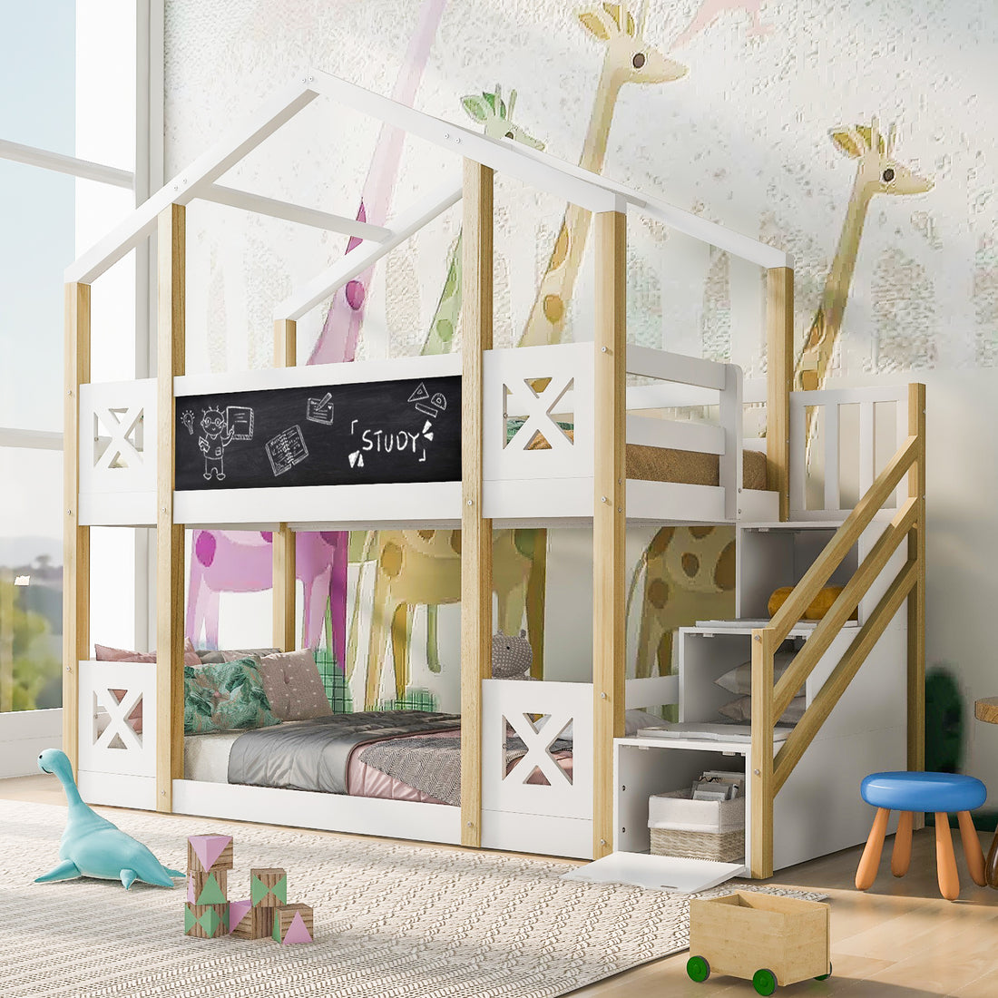 Twin over Twin House Bunk Bed with White Storage