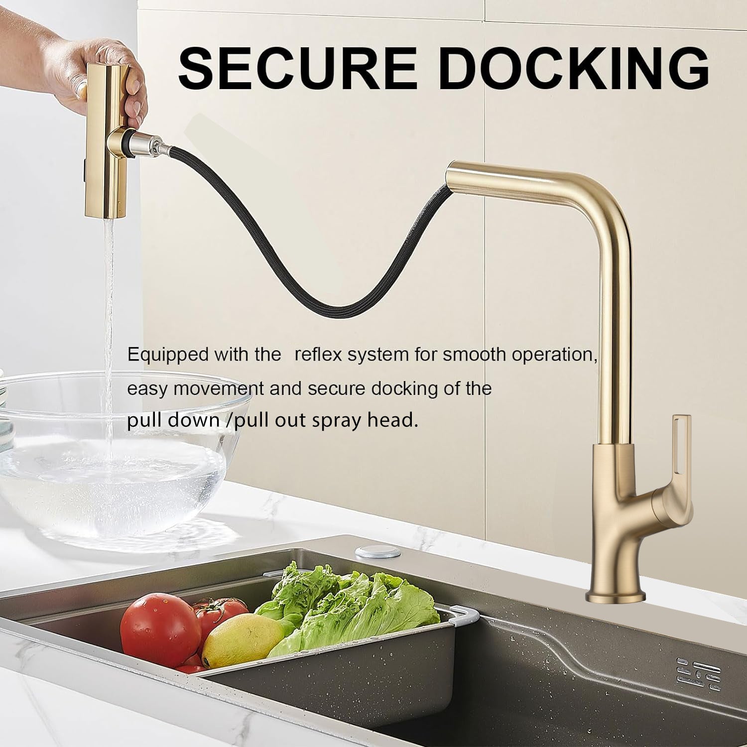 Brushed Gold Kitchen waterfall faucet with pull down brushed gold-zinc