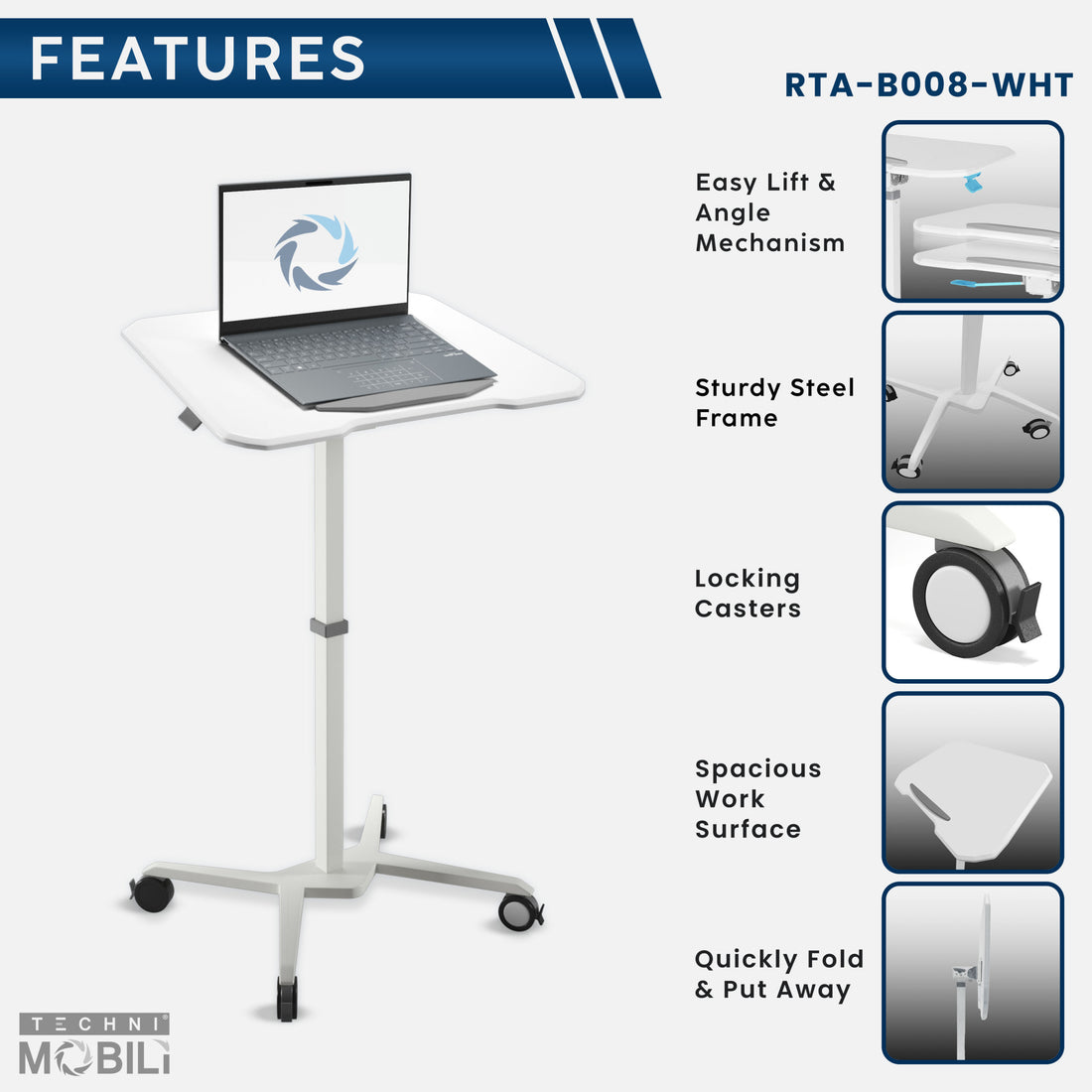 Techni Mobili White Sit to Stand Mobile Laptop