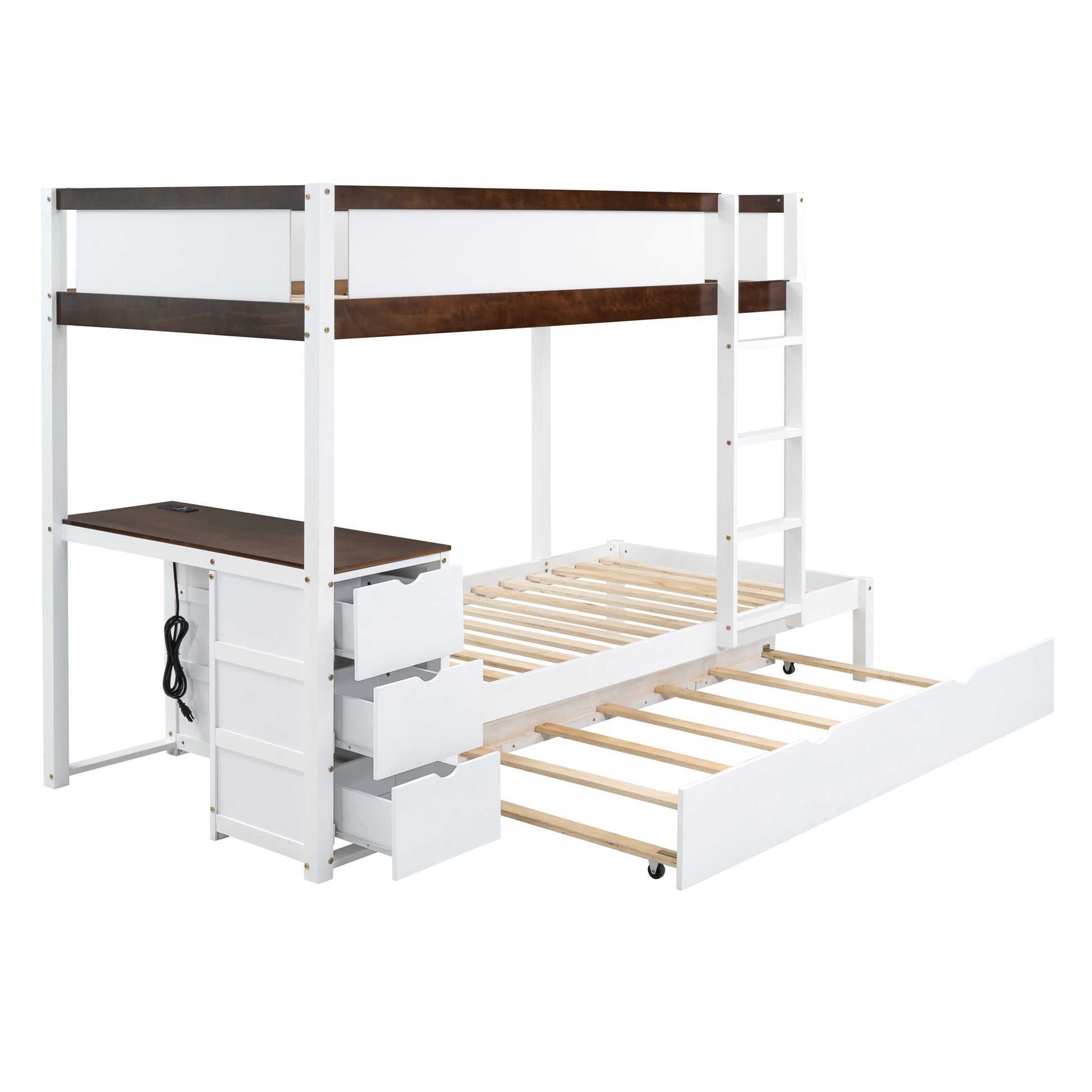 Twin Over Twin Bunk Bed with Twin size Trundle white+walnut-solid wood