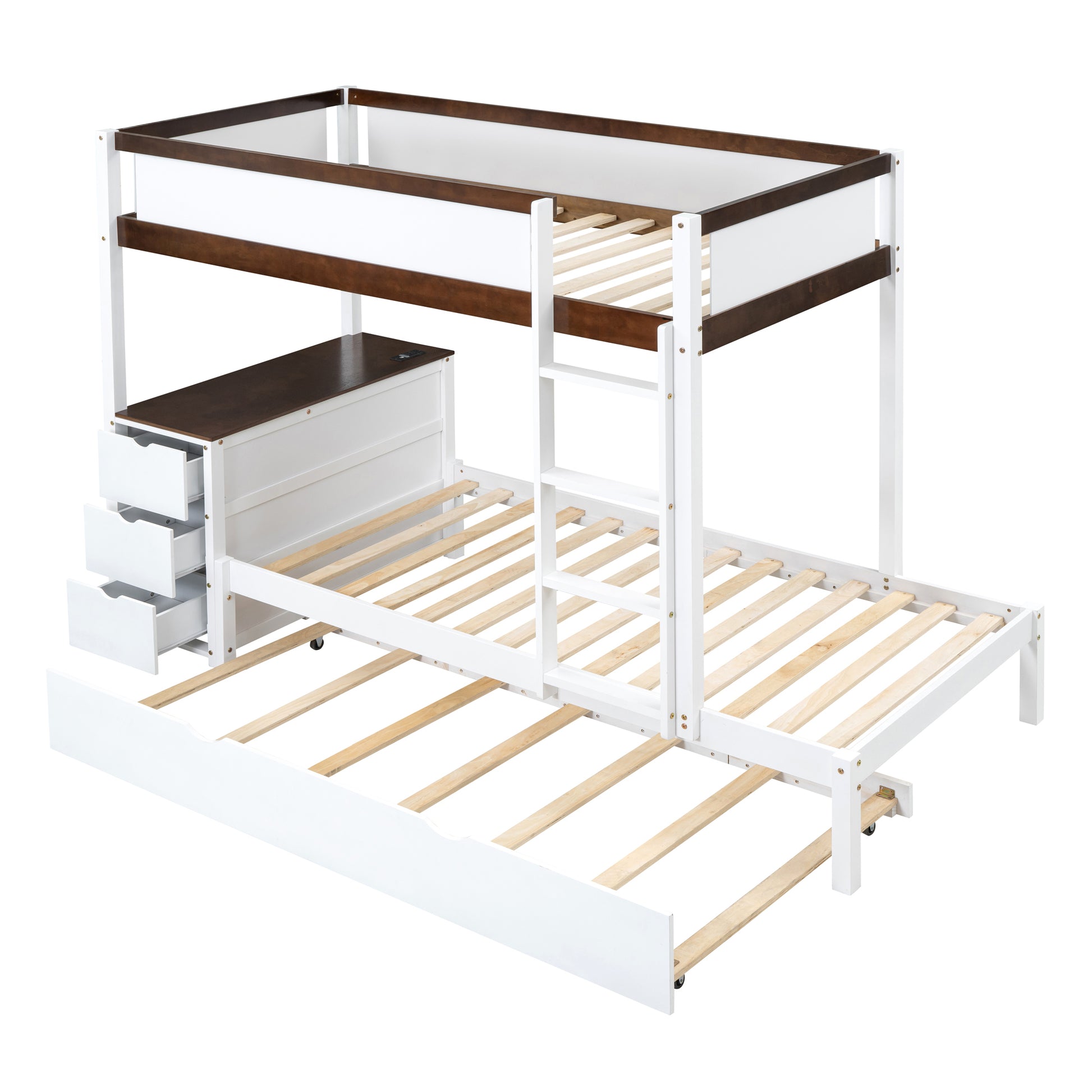 Twin Over Twin Bunk Bed with Twin size Trundle white+walnut-solid wood