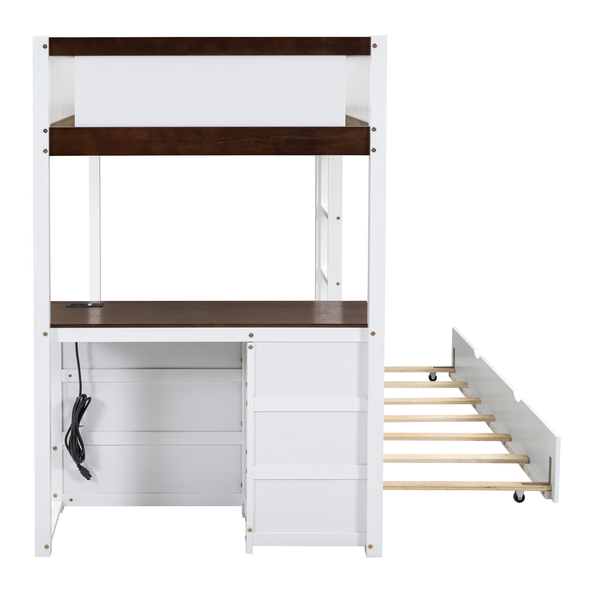 Twin Over Twin Bunk Bed with Twin size Trundle white+walnut-solid wood