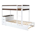 Twin Over Twin Bunk Bed with Twin size Trundle white+walnut-solid wood