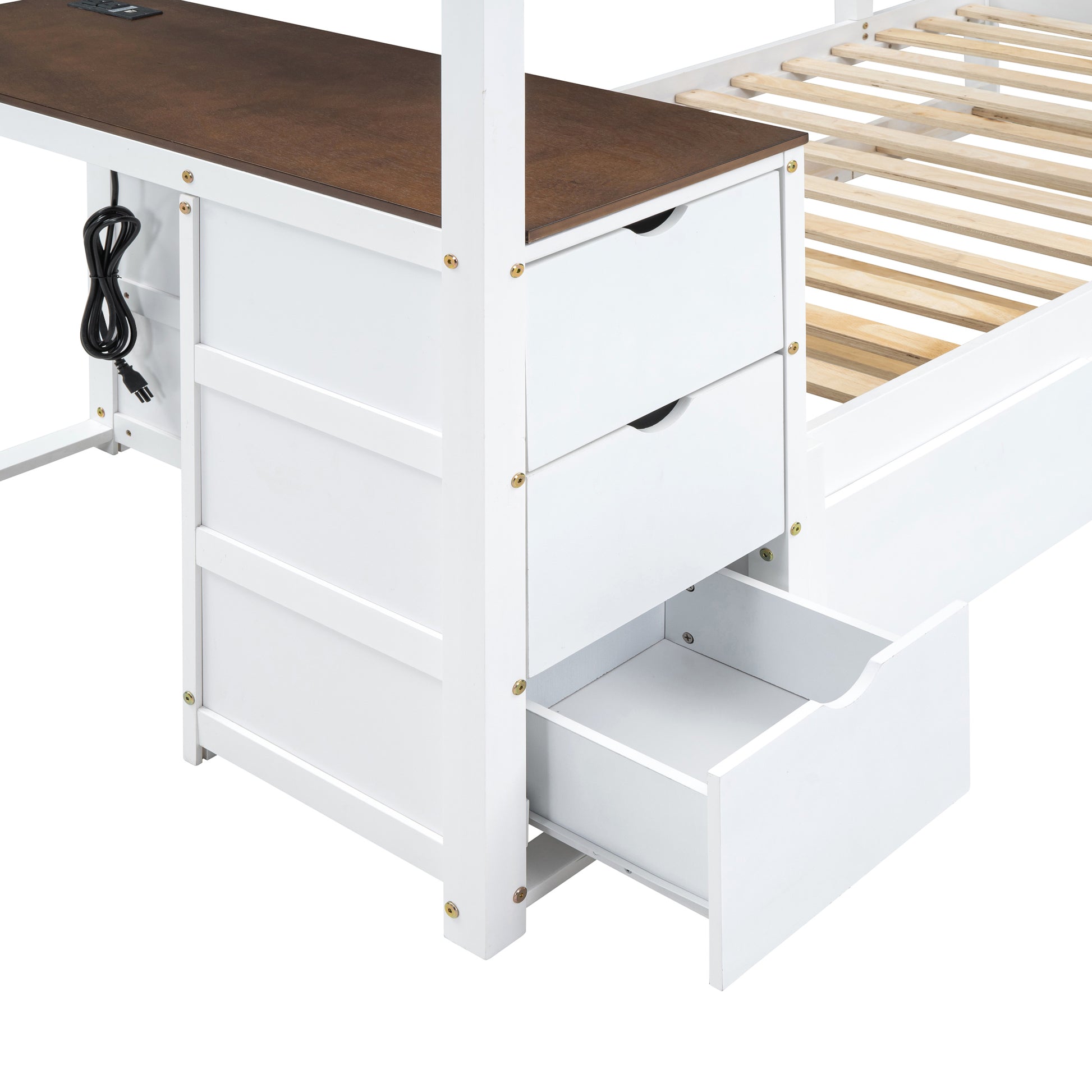 Twin Over Twin Bunk Bed with Twin size Trundle white+walnut-solid wood