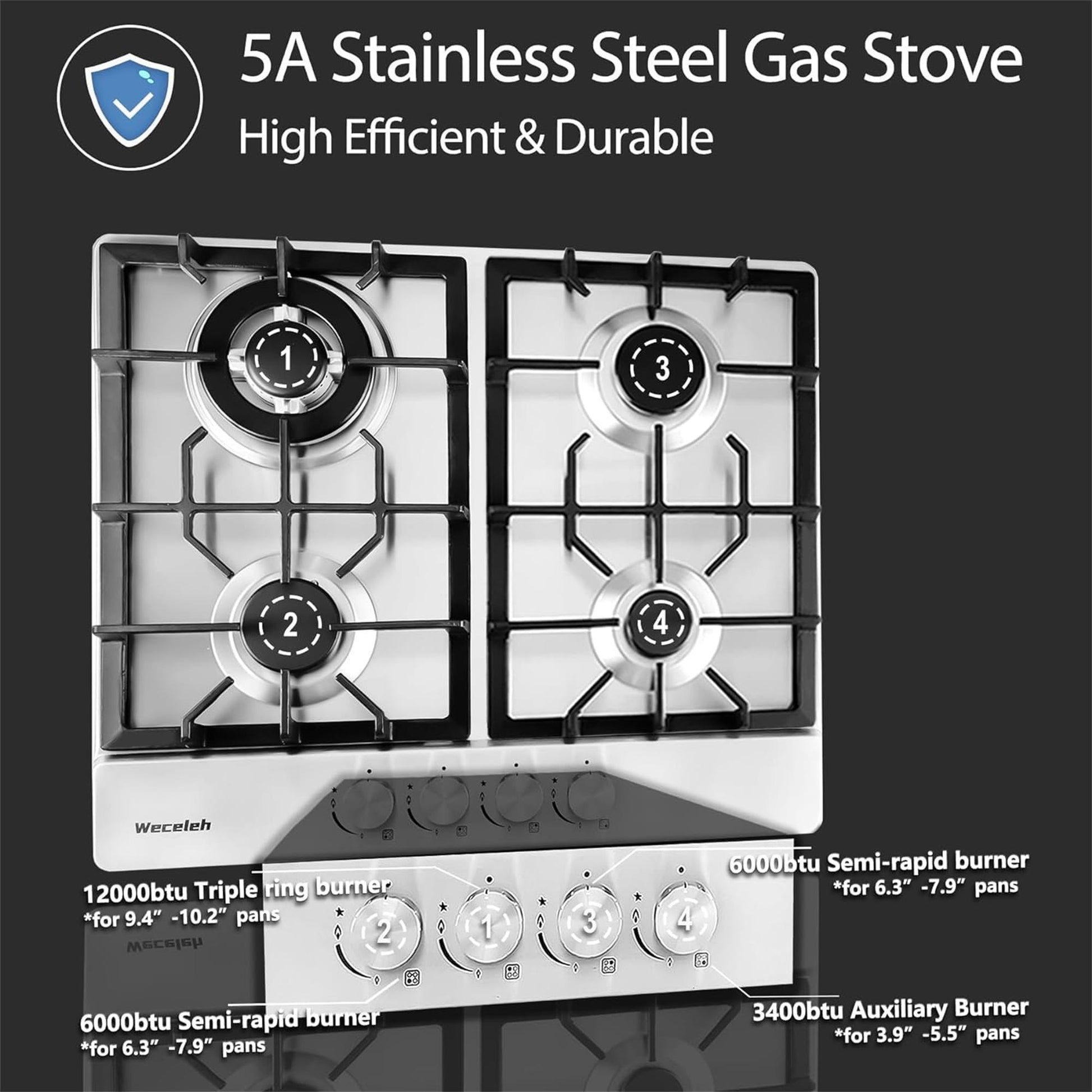 24" 4 Burners Gas Propane Cooktop Stove Top