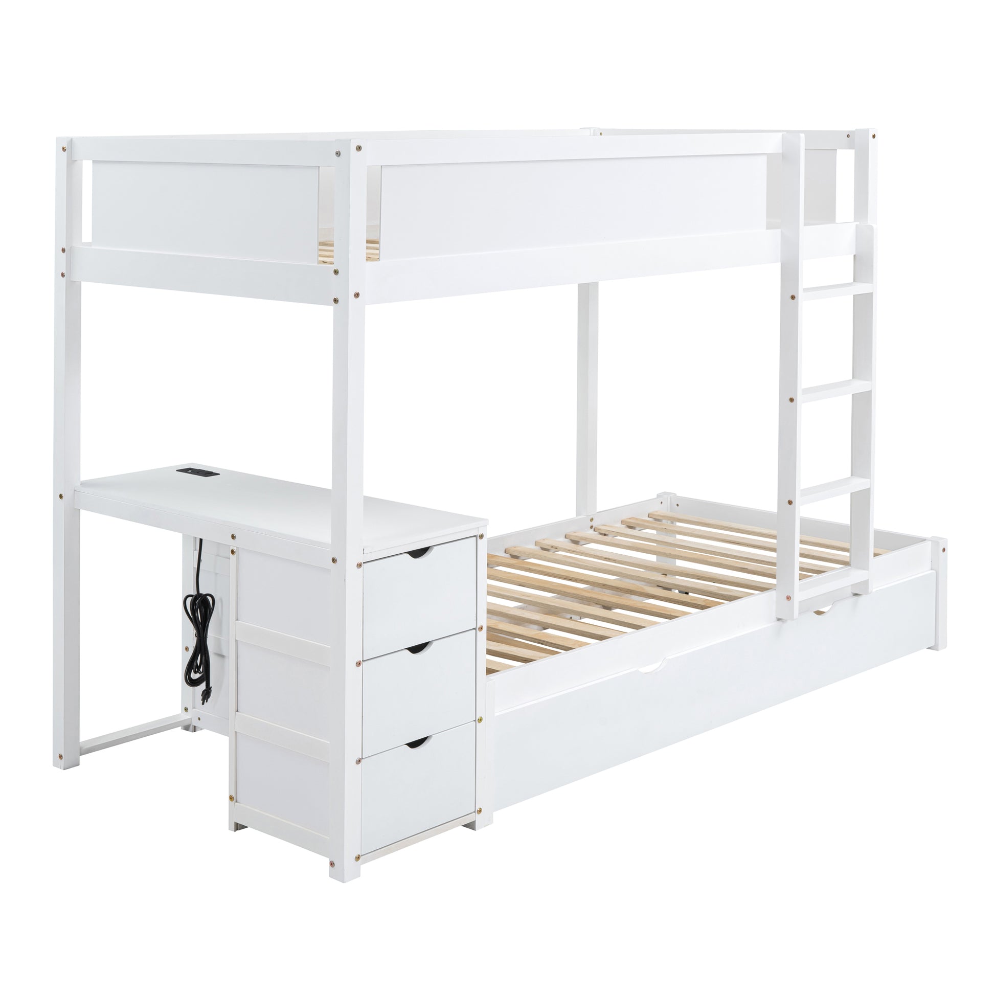 Twin Over Twin Bunk Bed with Twin size Trundle white-solid wood