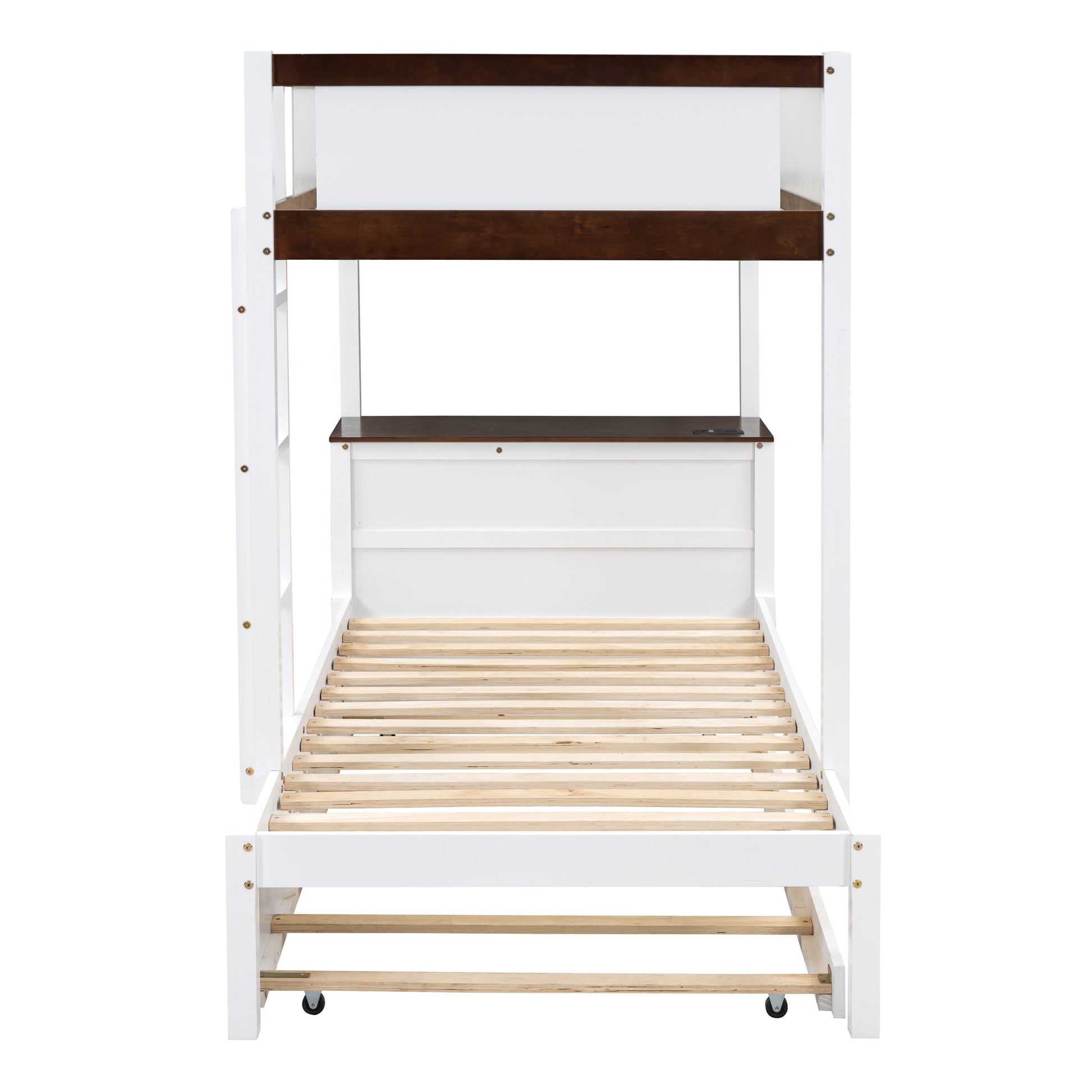 Twin Over Twin Bunk Bed with Twin size Trundle white+walnut-solid wood