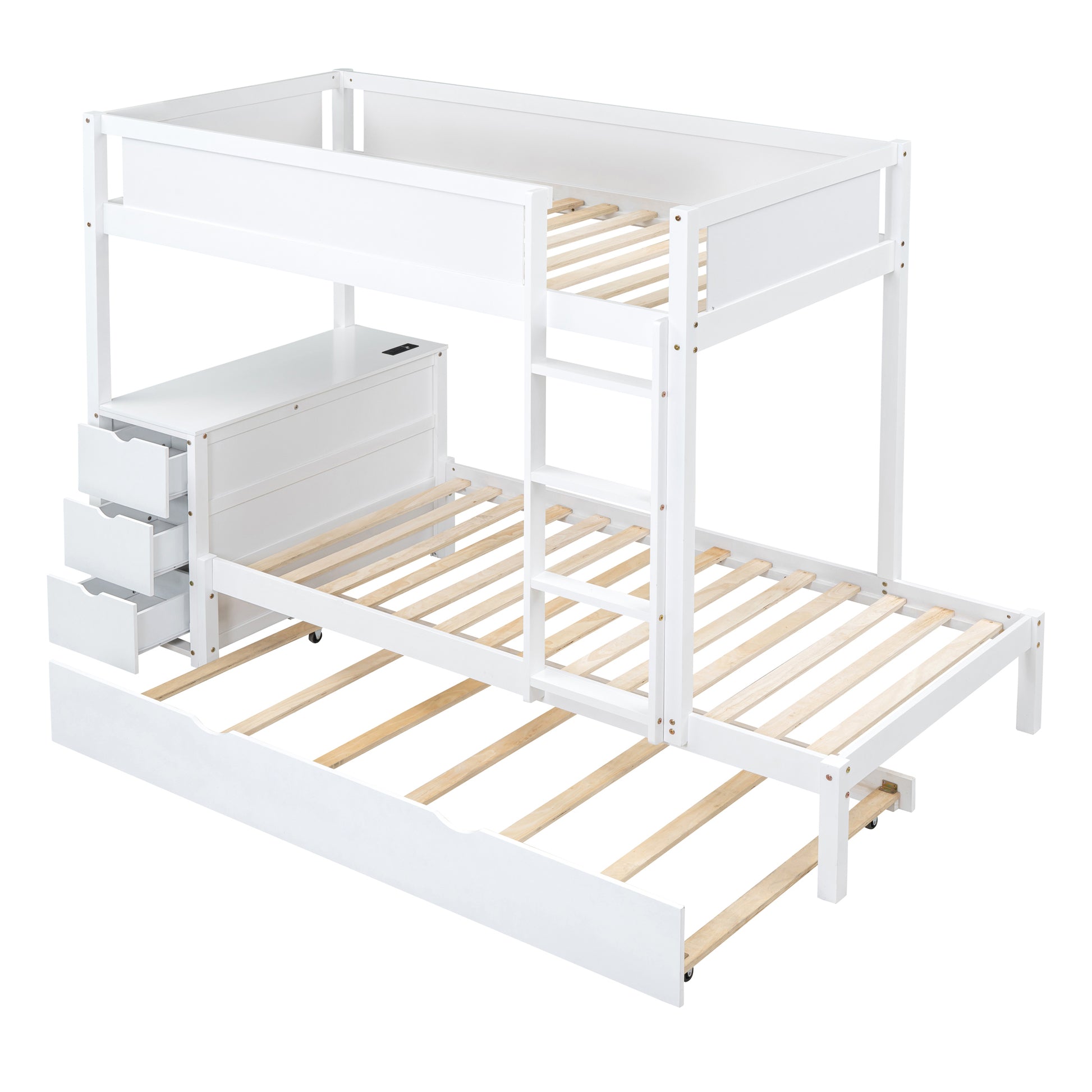 Twin Over Twin Bunk Bed with Twin size Trundle white-solid wood