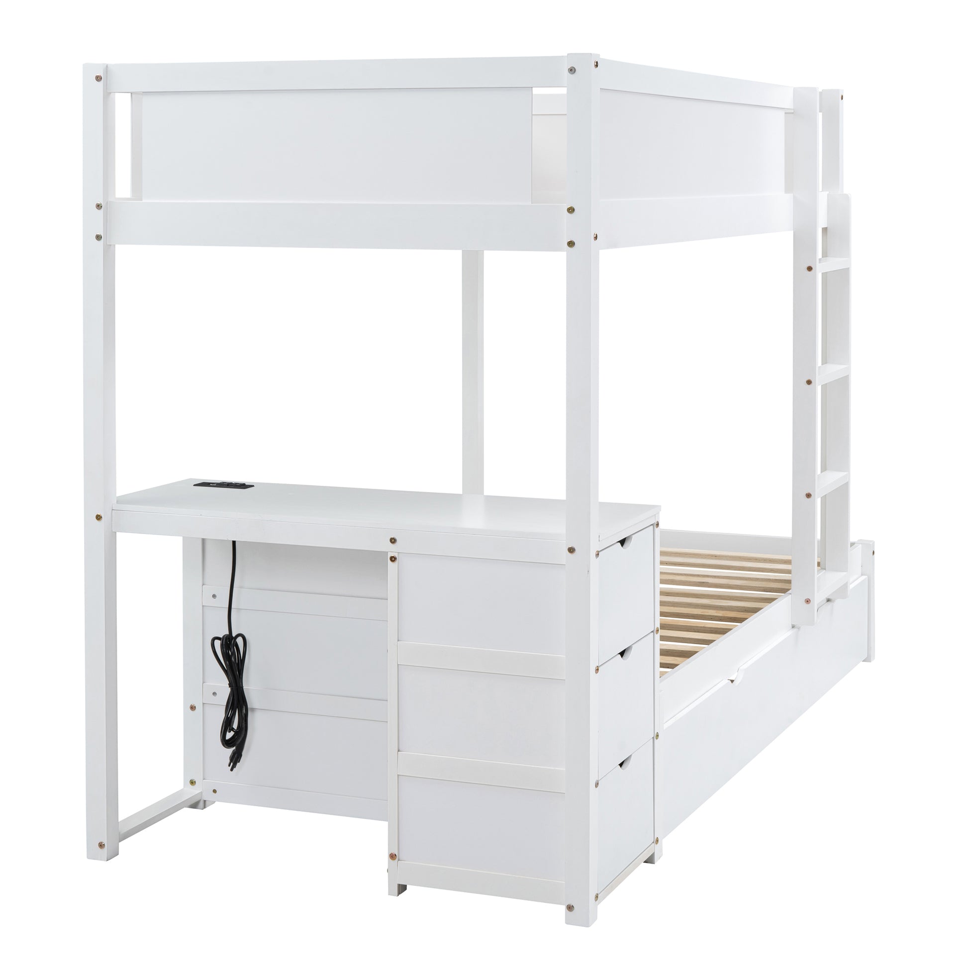 Twin Over Twin Bunk Bed with Twin size Trundle white-solid wood