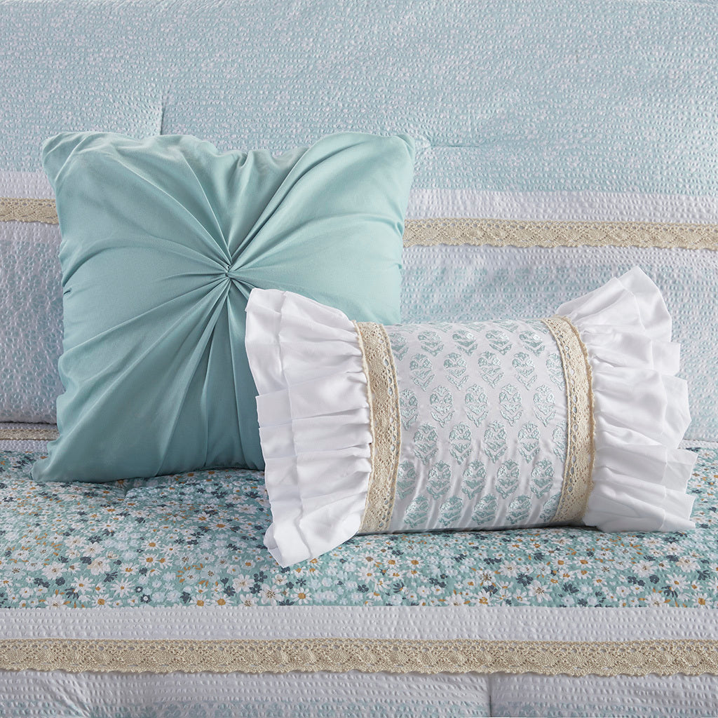 5 Piece Seersucker Comforter Set with Throw Pillows aqua-polyester