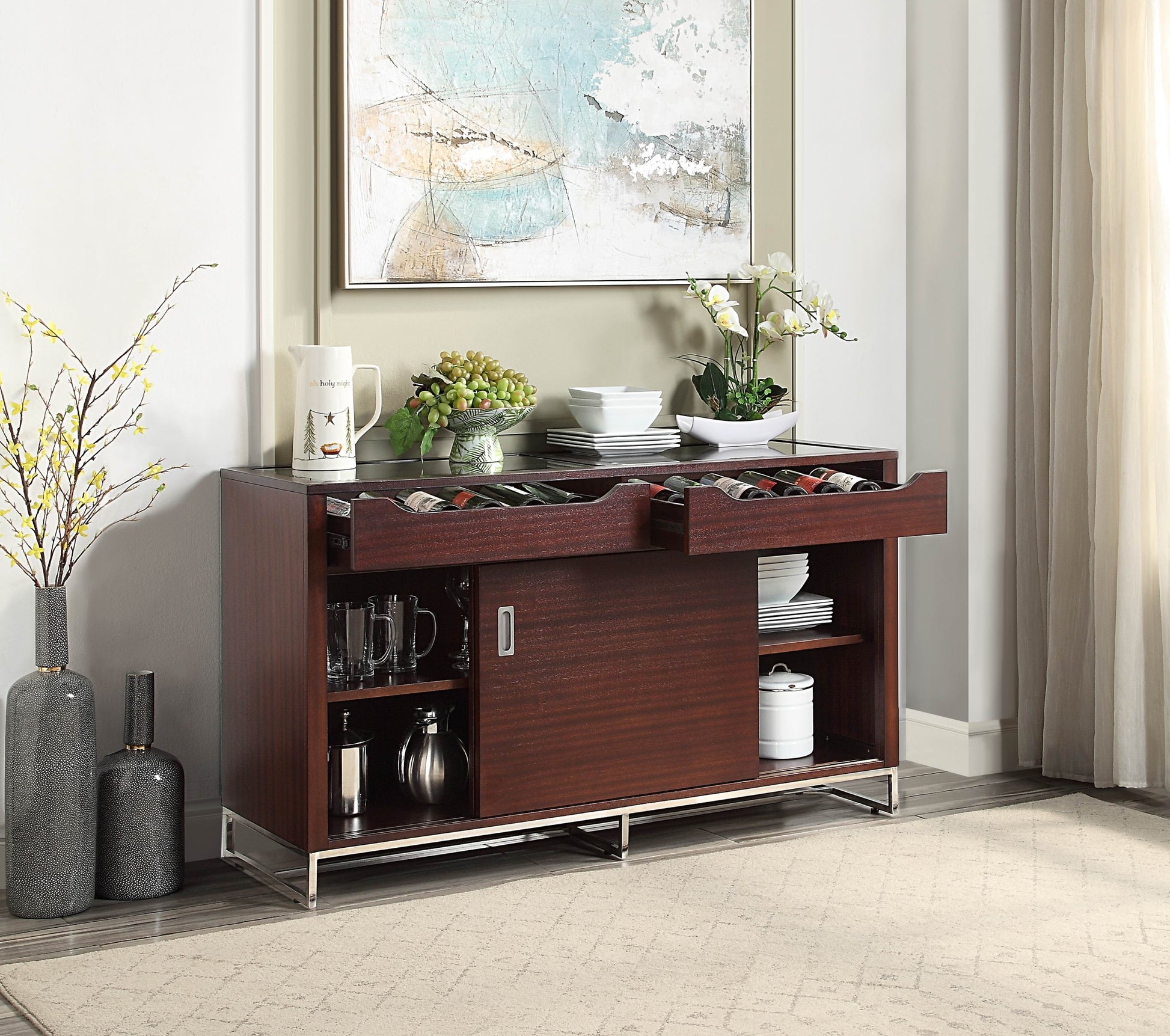 1pc Sideboard w Shelves Wine Storage Drawers