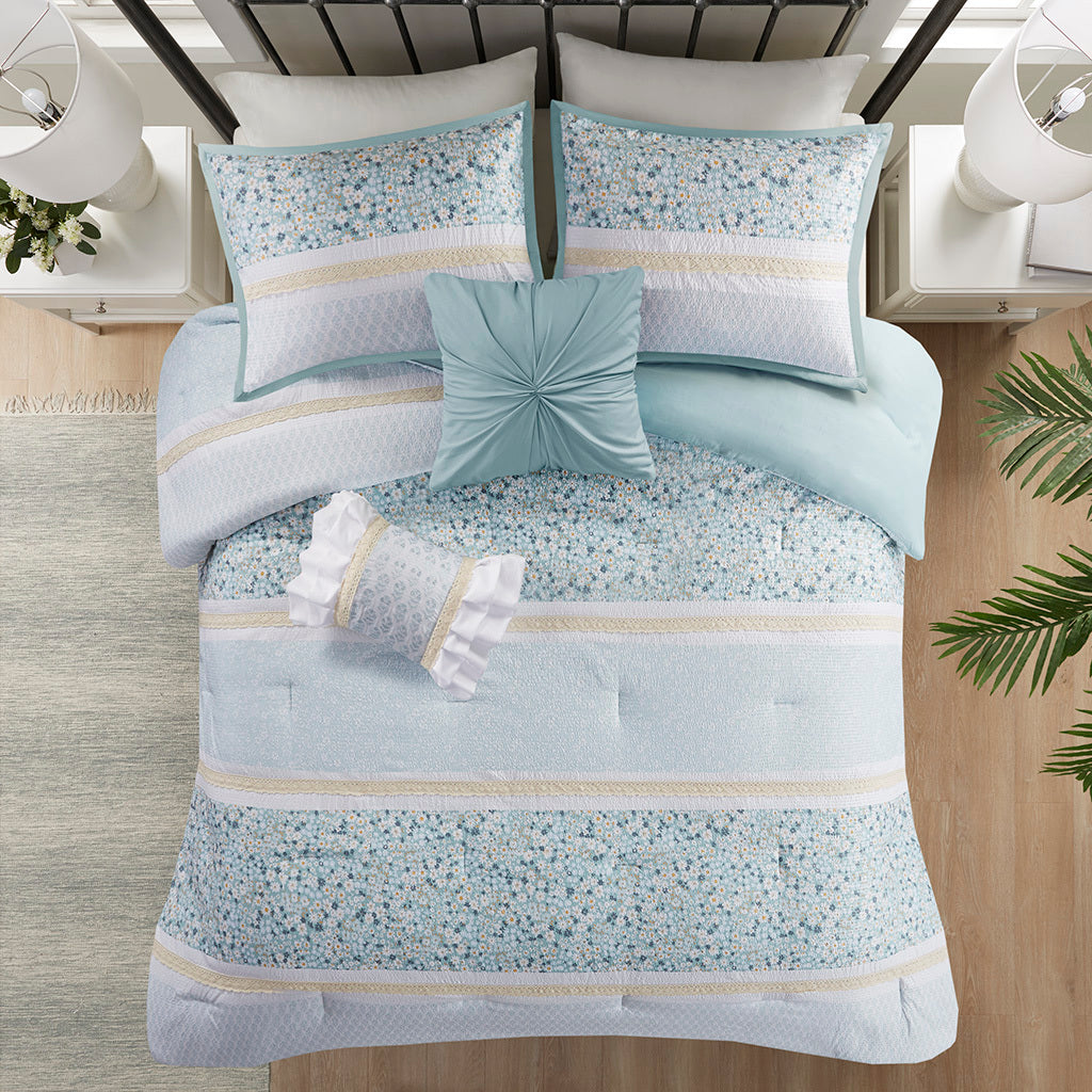 5 Piece Seersucker Comforter Set with Throw Pillows aqua-polyester