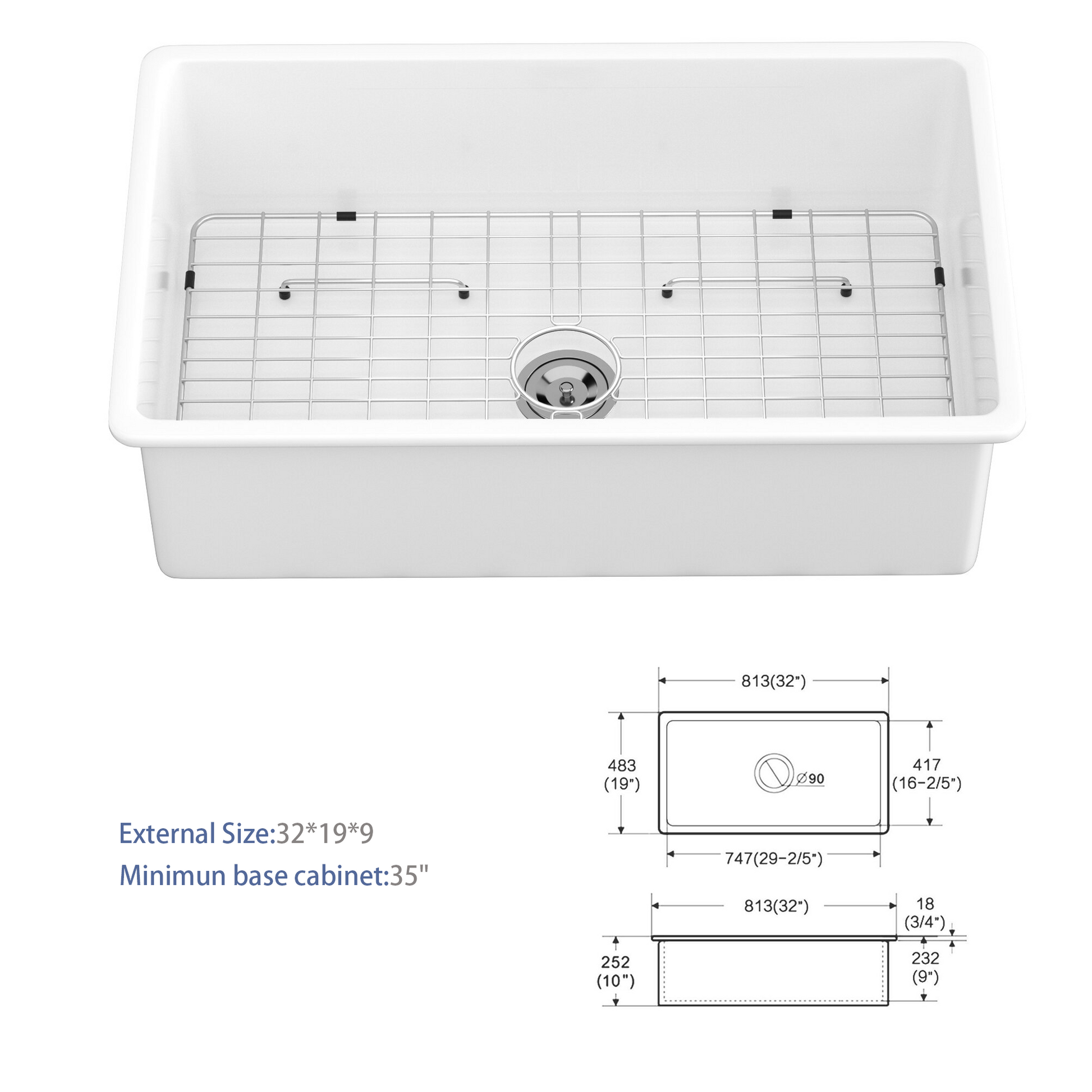 32" Undermount Single Bowl Ceramic Kitchen Sink