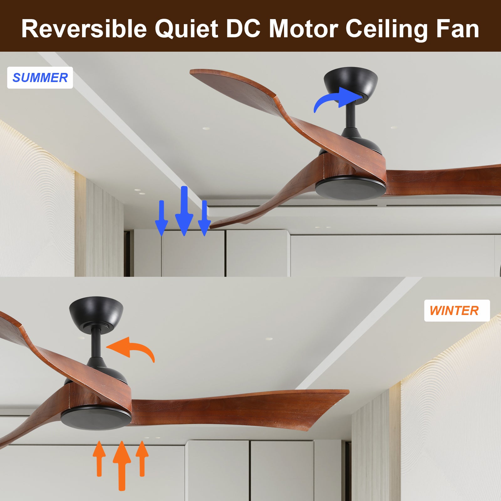 52 Inch Indoor Modern Ceiling Fan No Light 6 Speed black-metal & wood