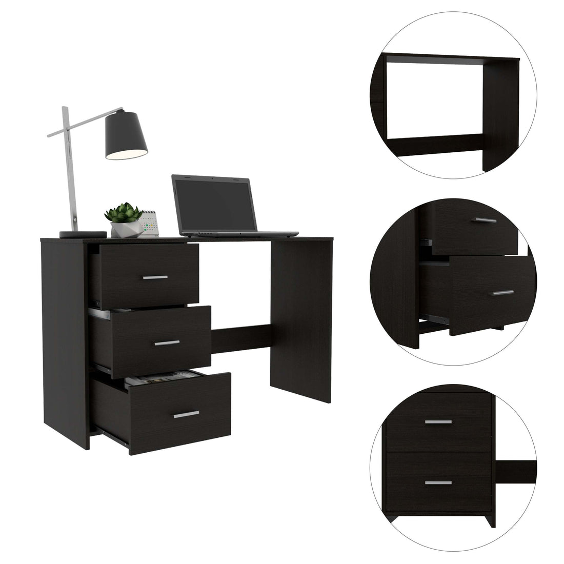 Berlin Three Drawers Desk - Black Mdf Engineered