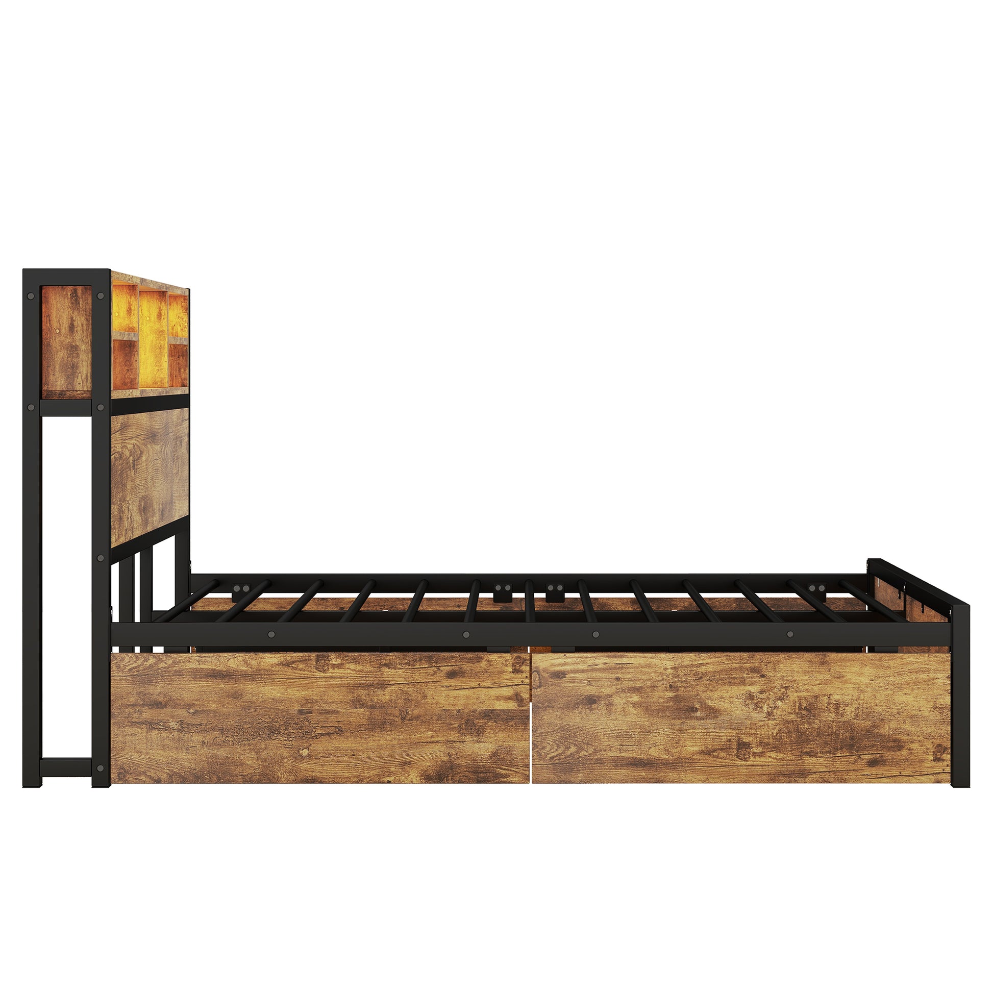 Metal Platform Bed With 4 Drawers, Sockets And