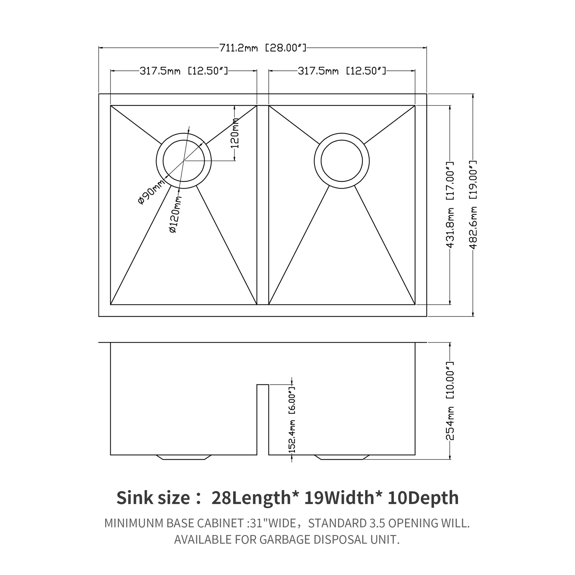 Double Bowl 50 50 Undermount Sink 28"x19" Double Bowl brushed nickel-stainless steel