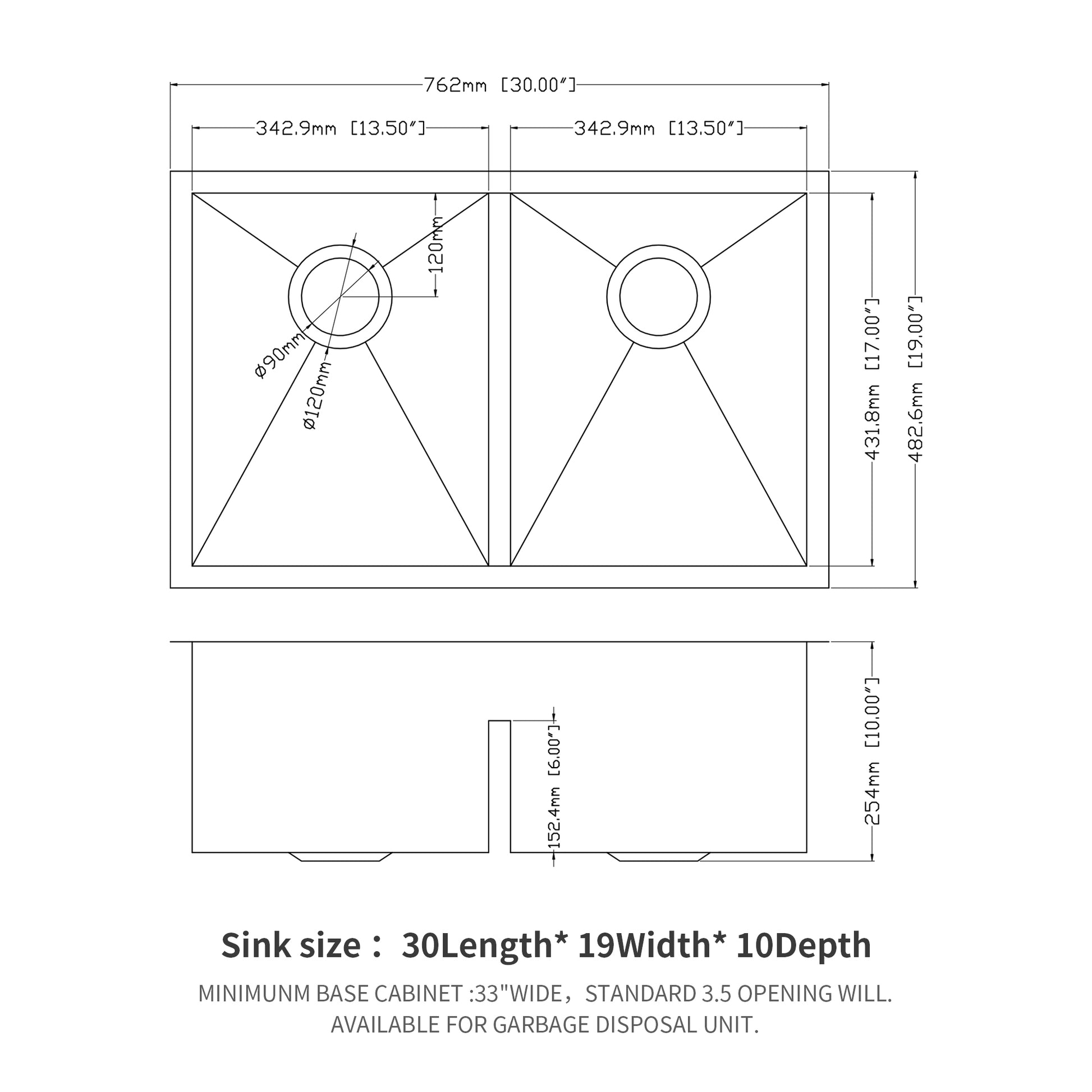 Double Bowl 50 50 Undermount Sink 30"x19" Double Bowl brushed nickel-stainless steel