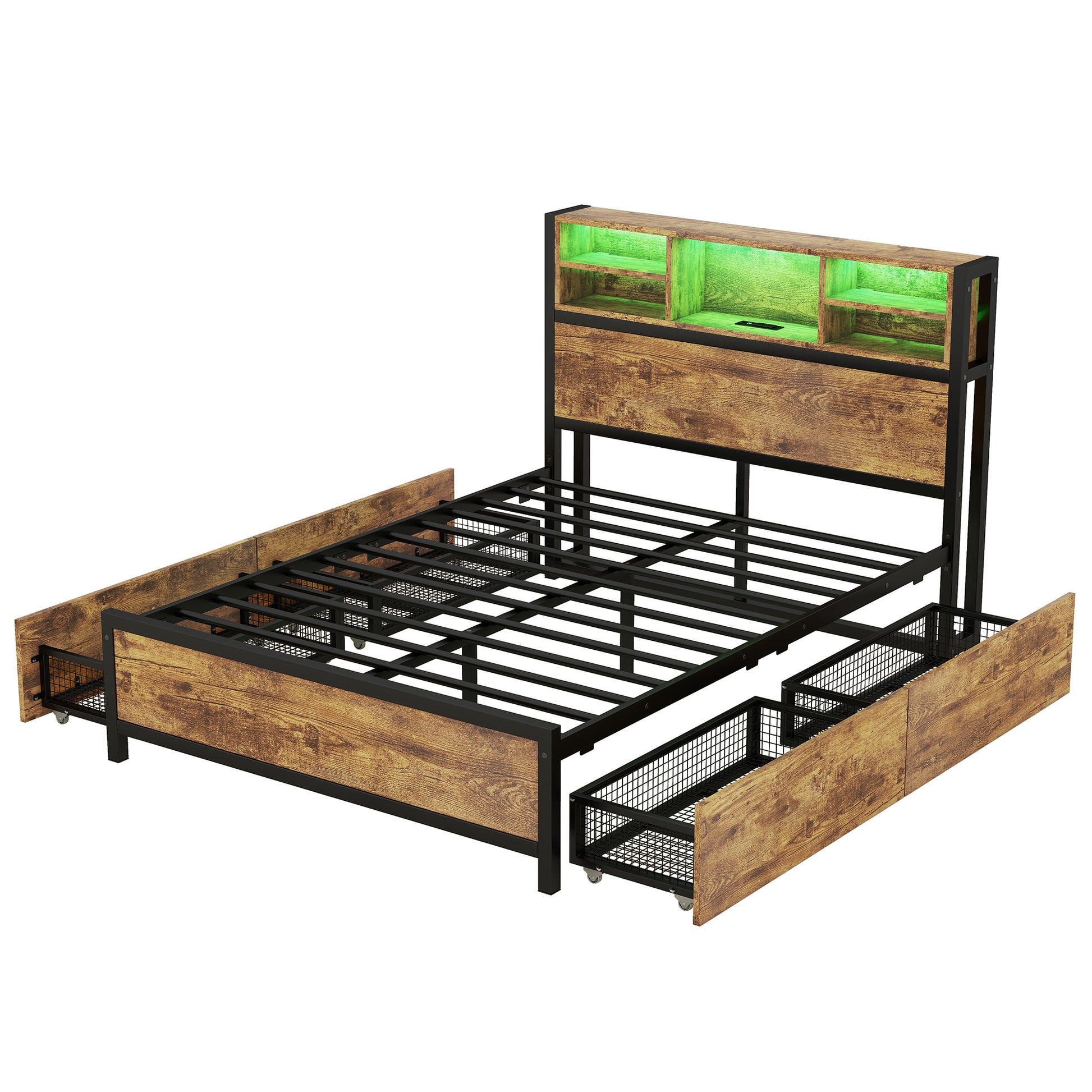 Metal Platform Bed With 4 Drawers, Sockets And