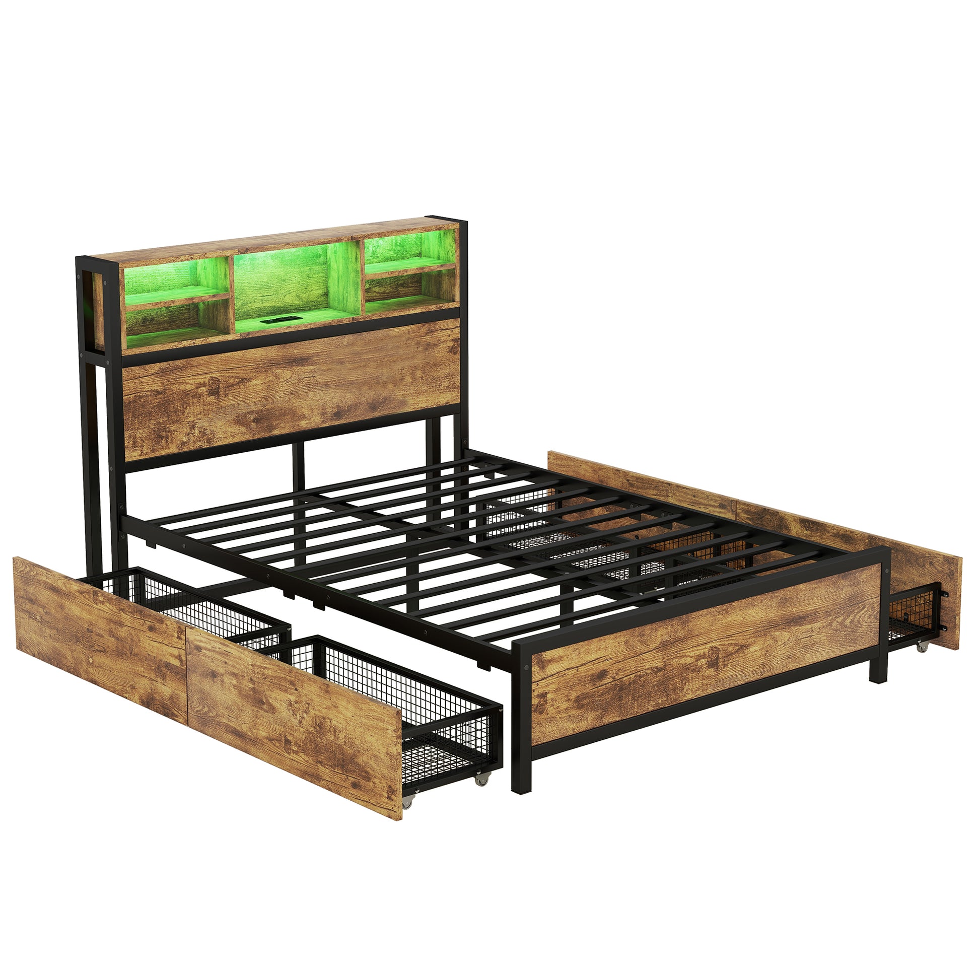 Metal Platform Bed With 4 Drawers, Sockets And