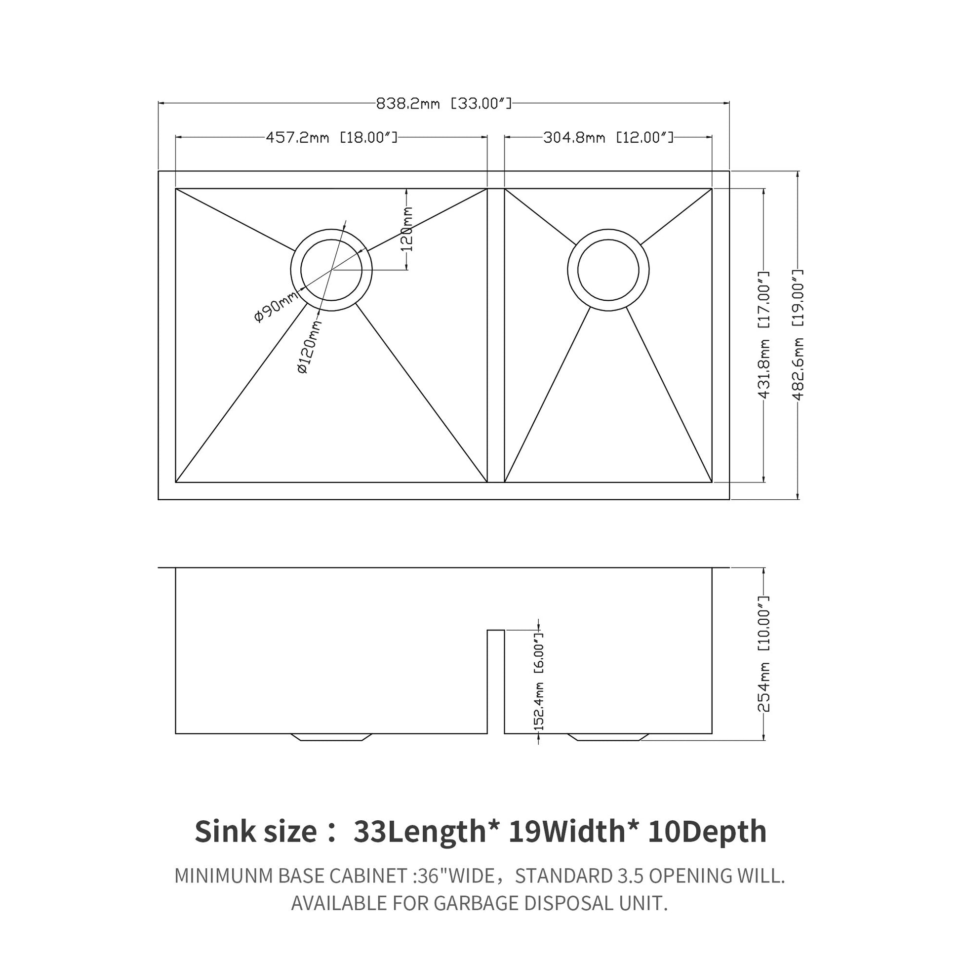 33x19x10" Undermount Double Bowl 60 40 Kitchen Sink 16 brushed nickel-stainless steel