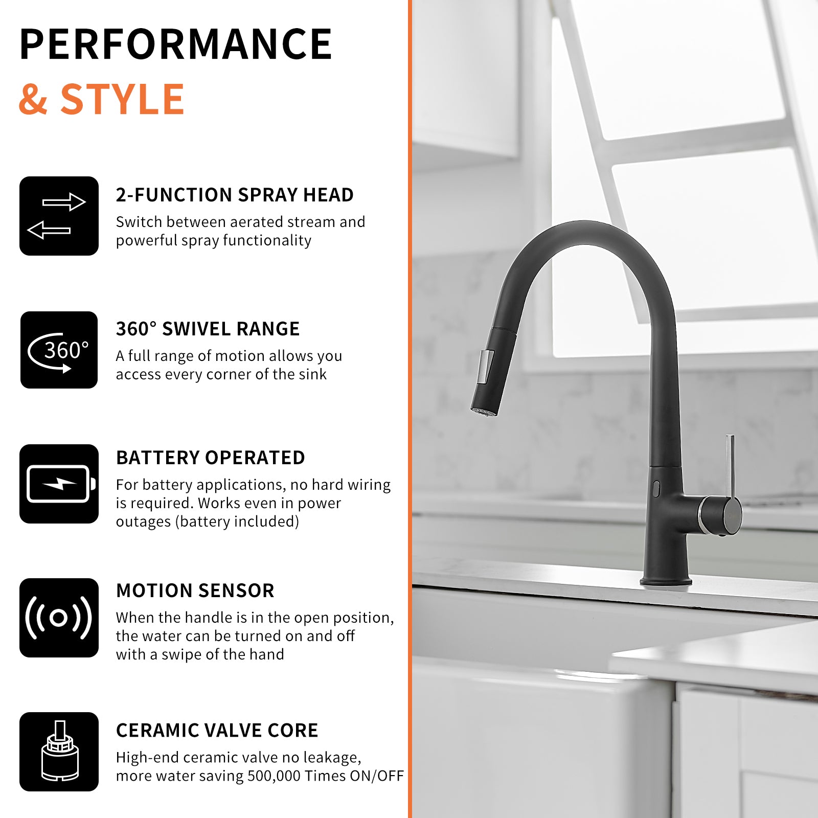 Touchless Kitchen Faucet,Hands Free Automatic Smart black-kitchen-contemporary-ceramic-brass