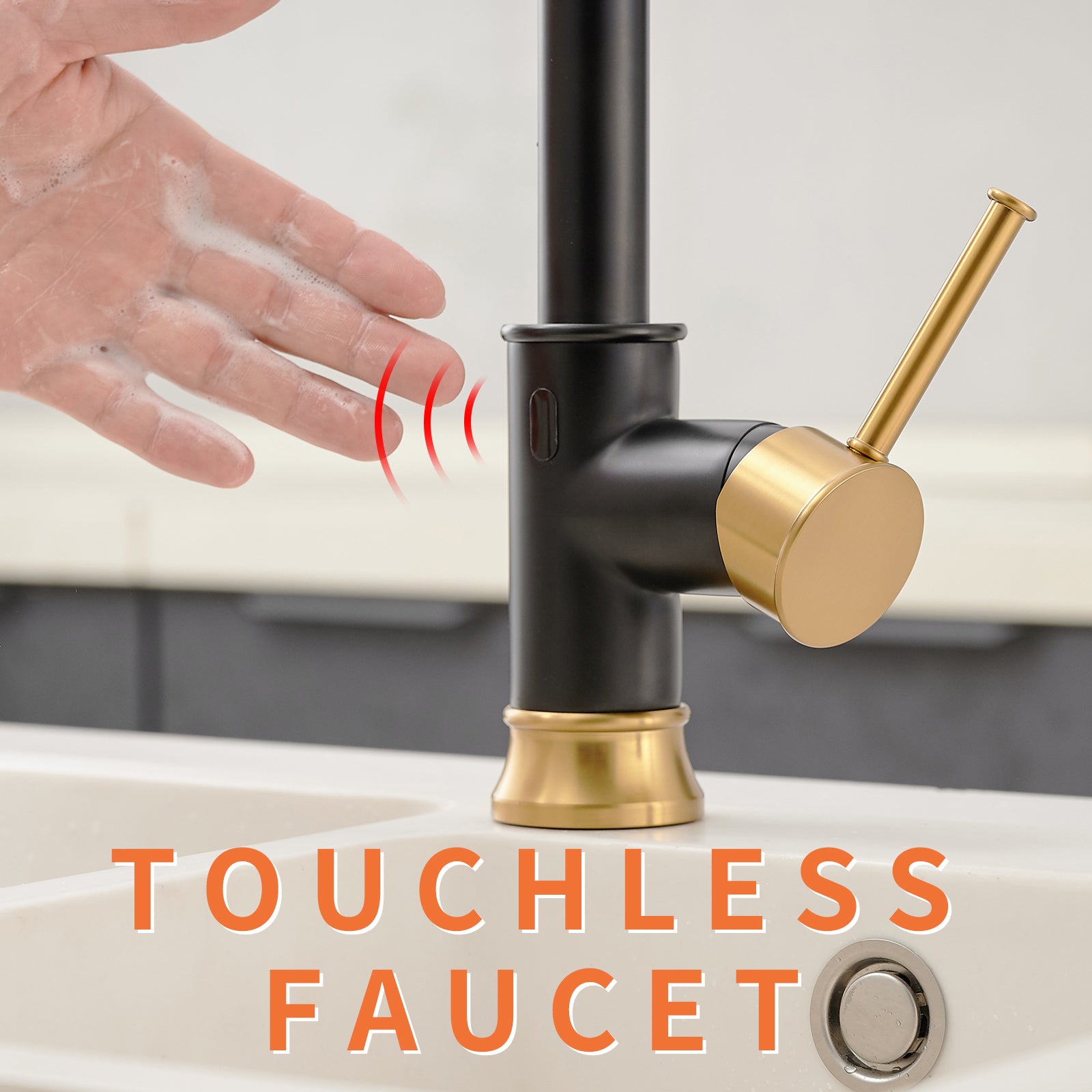 Touchless Kitchen Faucet,Hands Free Automatic Smart black+gold-kitchen-contemporary-ceramic-brass