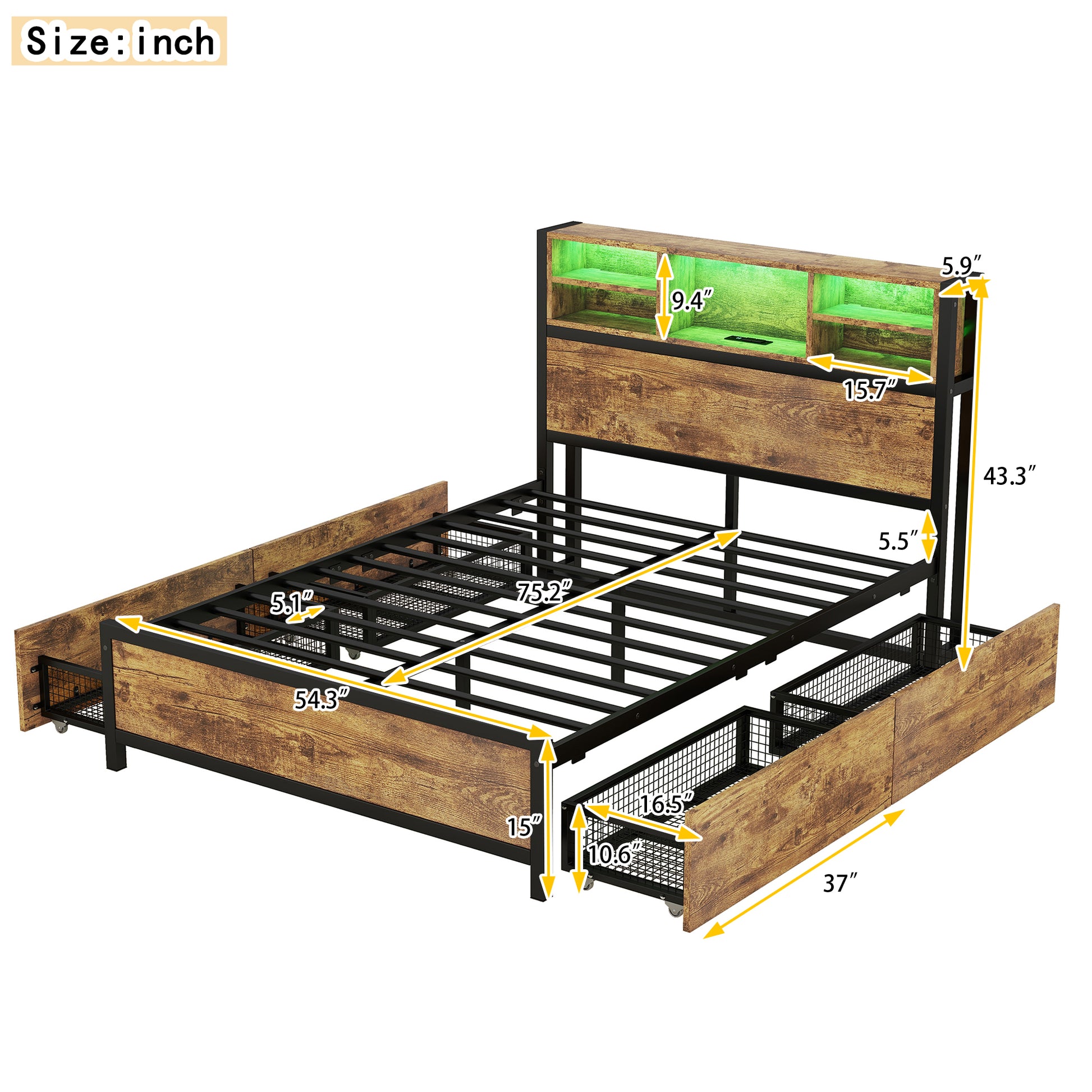 Metal Platform Bed With 4 Drawers, Sockets And