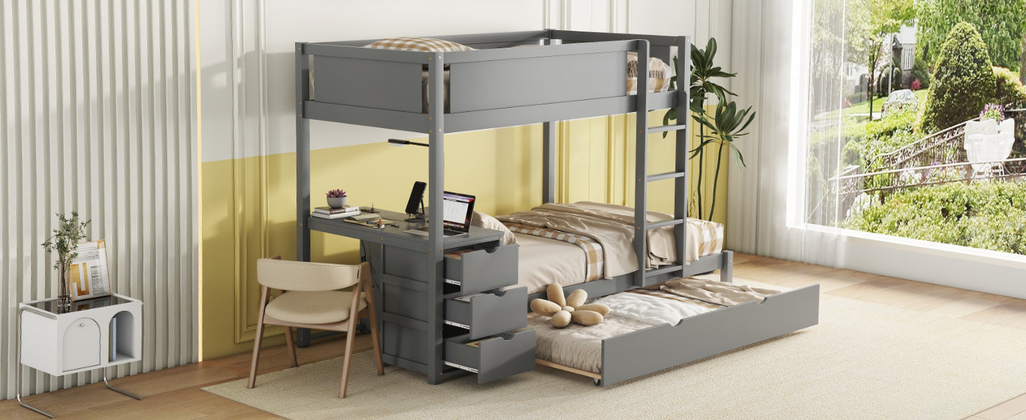 Twin Over Twin Bunk Bed with Twin size Trundle gray-solid wood