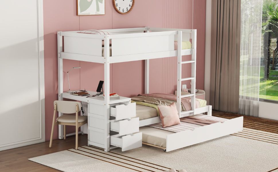 Twin Over Twin Bunk Bed with Twin size Trundle white-solid wood