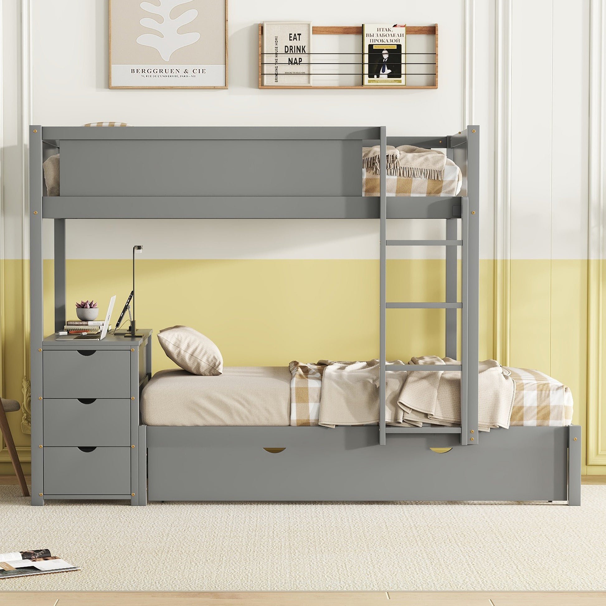 Twin Over Twin Bunk Bed with Twin size Trundle gray-solid wood