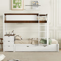 Twin Over Twin Bunk Bed with Twin size Trundle white+walnut-solid wood