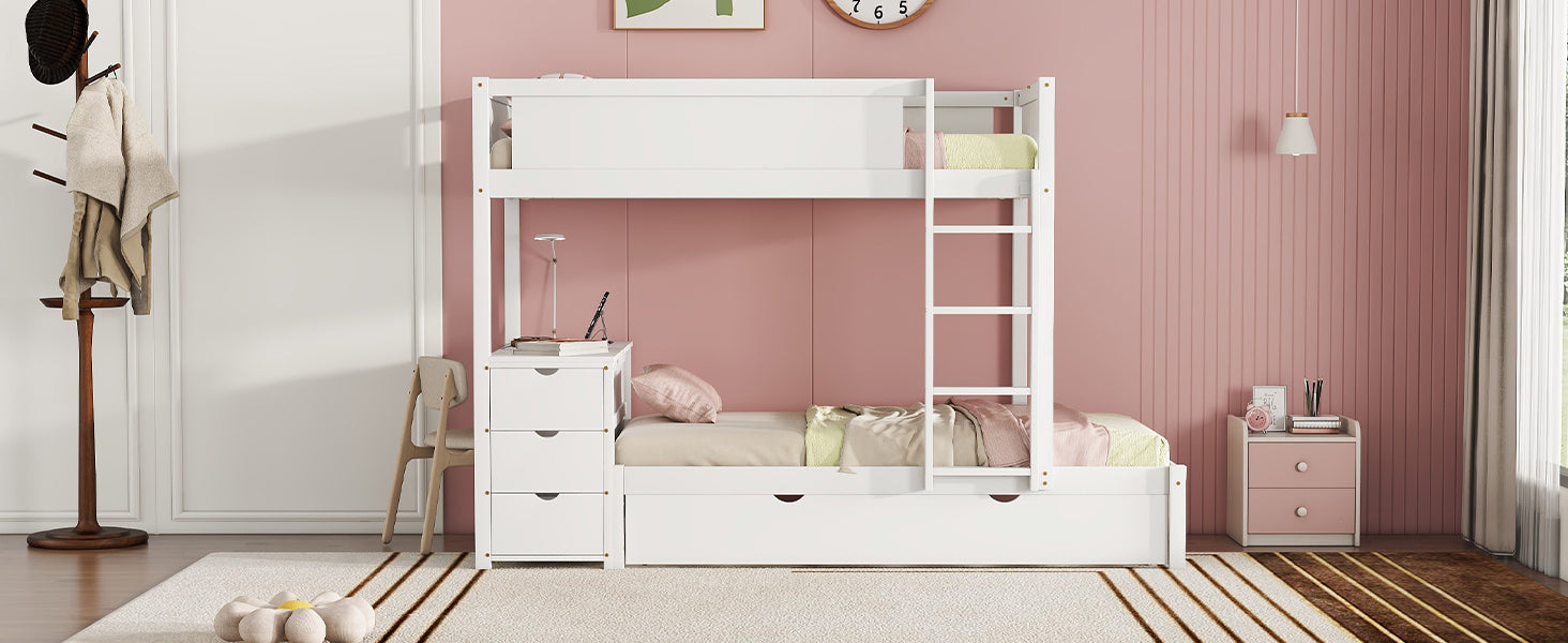 Twin Over Twin Bunk Bed with Twin size Trundle white-solid wood