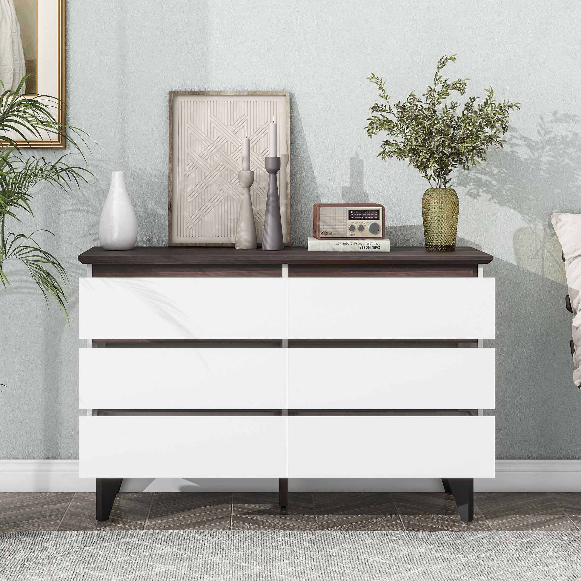 6 Drawer Double Dresser with Wide Drawers,White white-particle board